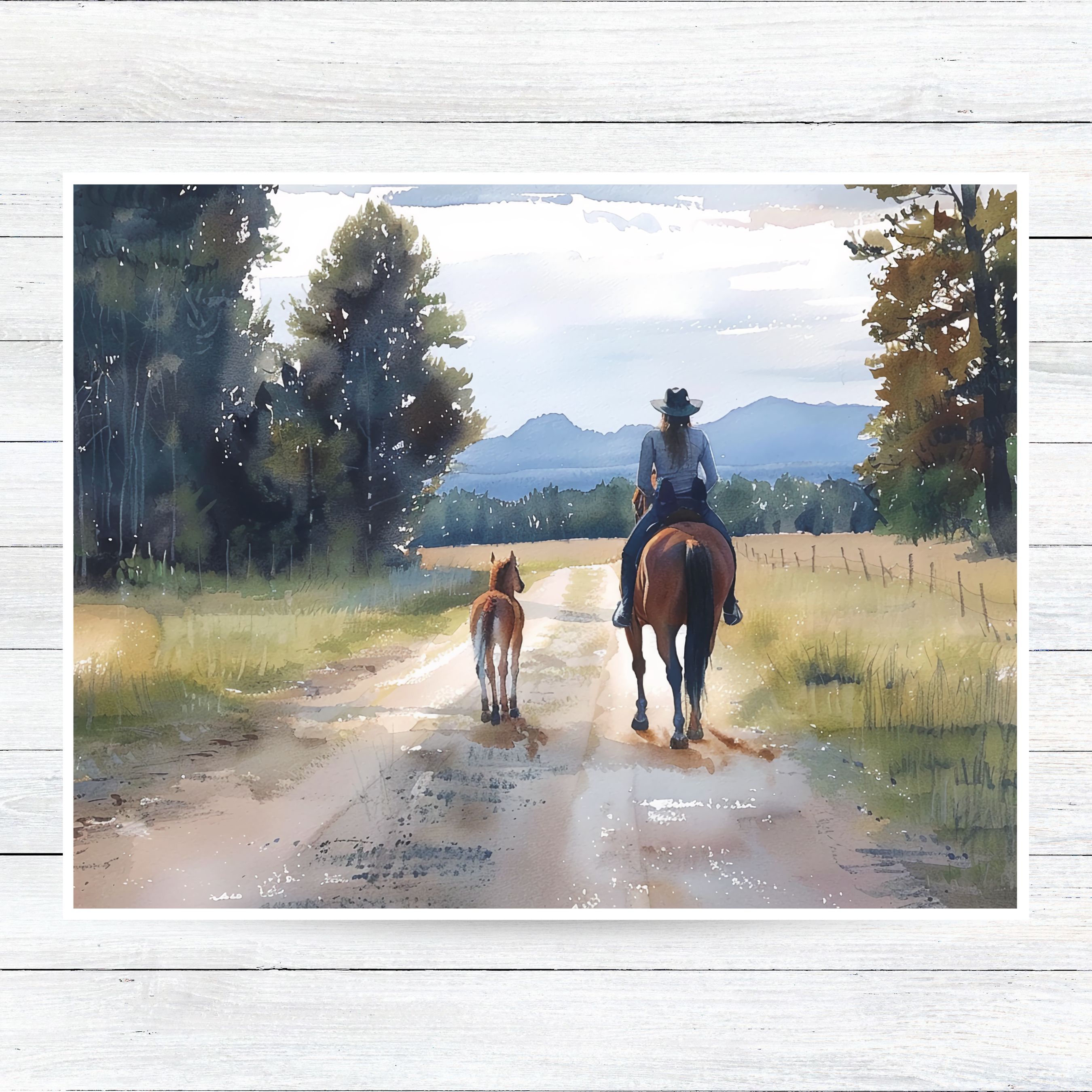 Country Trail Horseback Rider Card, Watercolor Rural Landscape, All Occasion Cards, Thank You, Invitation, Note Card, Greetings, Birthdays