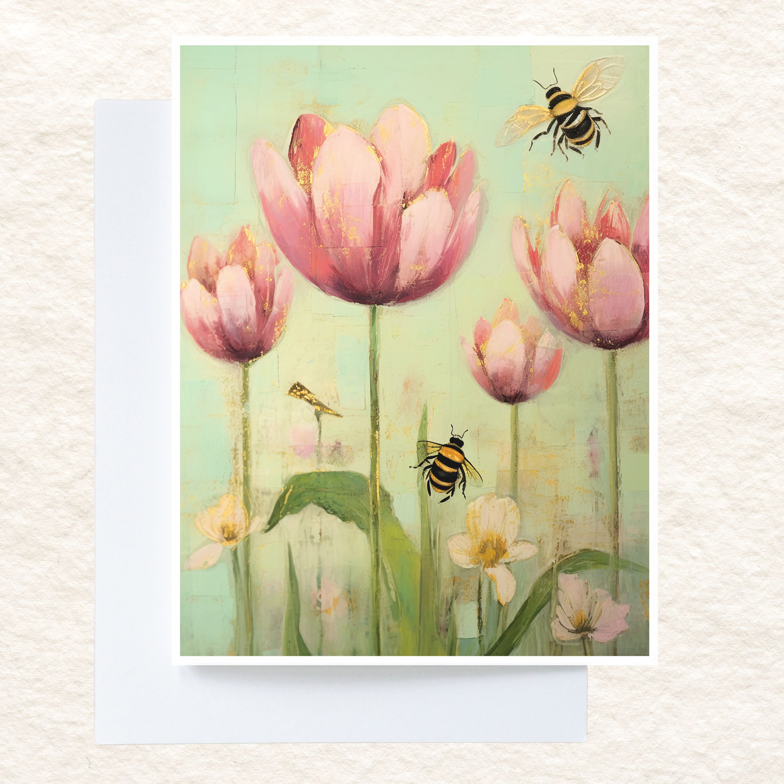Tulips and Bees Spring Watercolor Card, All Occasion Cards, Thank You, Invitation, Note Card, Greetings, Birthdays