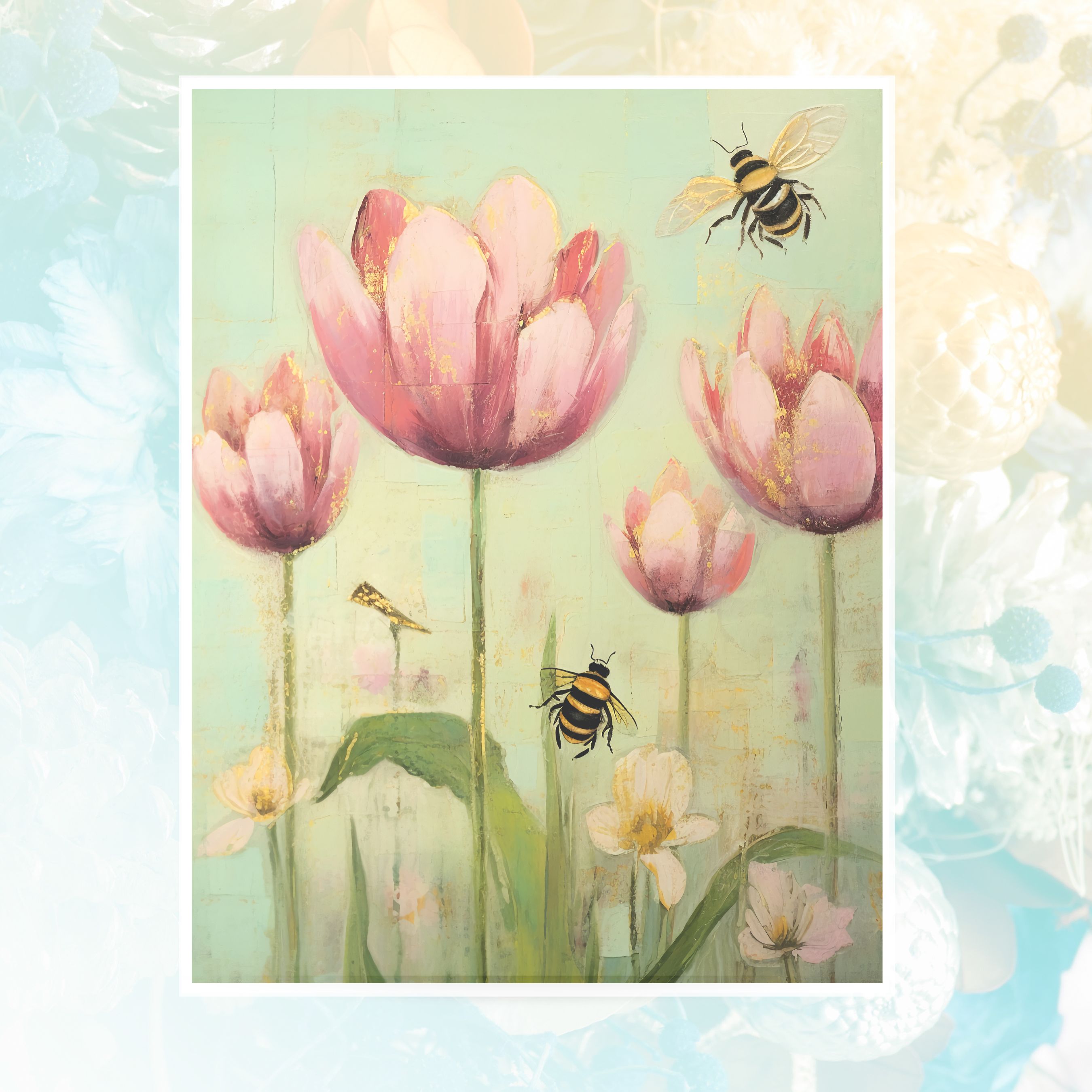 Tulips and Bees Spring Watercolor Card, All Occasion Cards, Thank You, Invitation, Note Card, Greetings, Birthdays