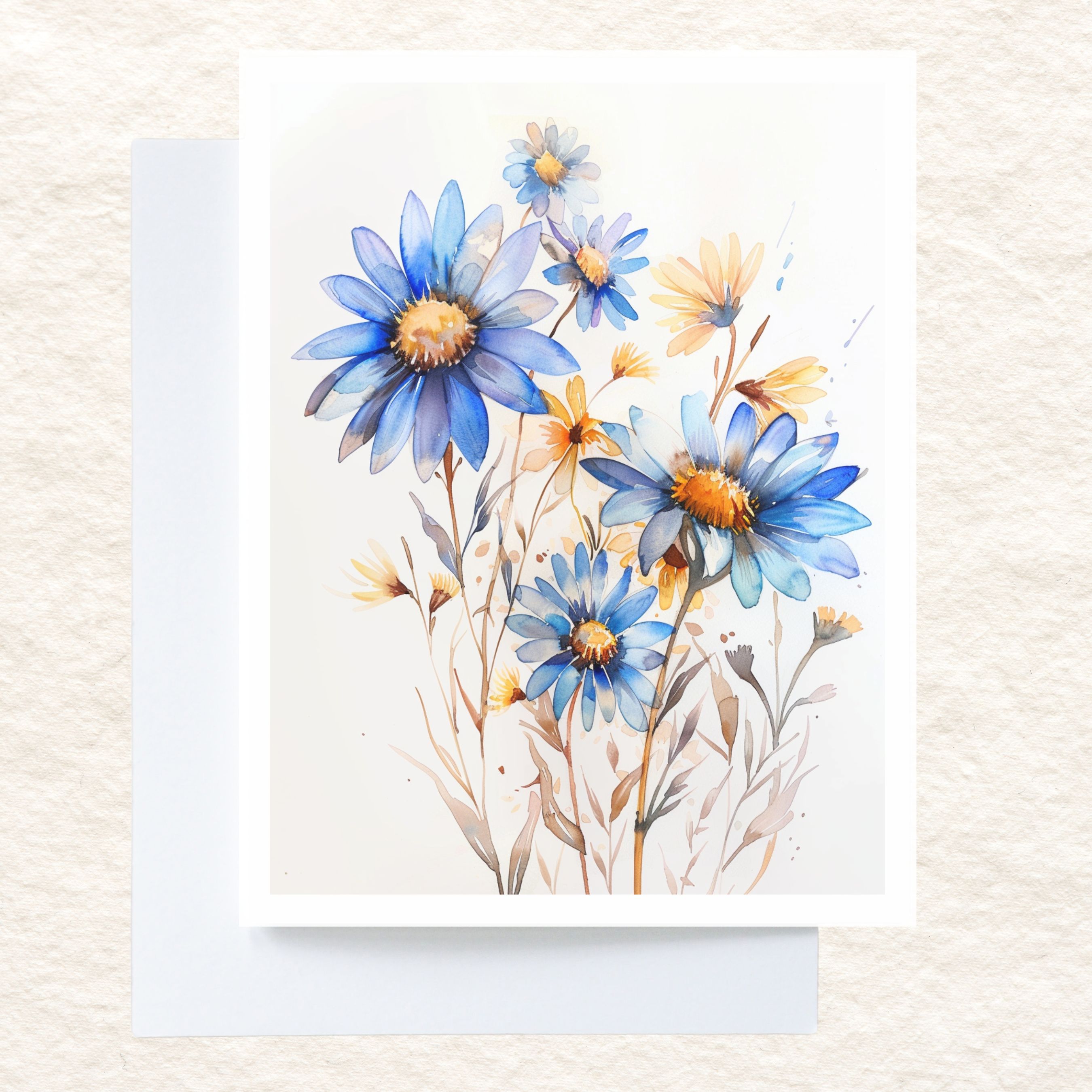 Blue Blossoms Watercolor Greeting Card, Elegant Botanical All Occasion Cards, Thank You, Invitation, Note Card, Greetings, Birthdays