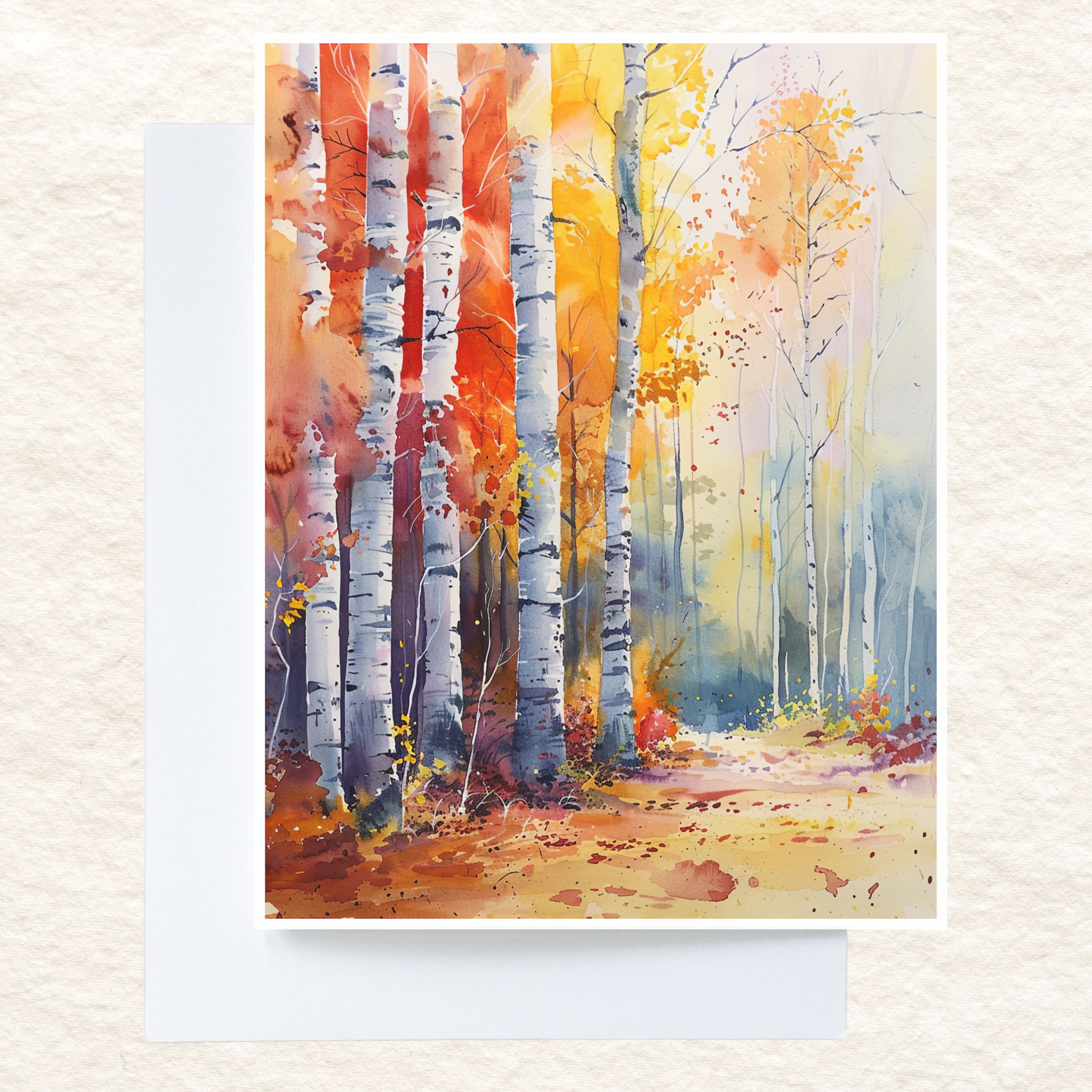 Watercolor Birch Forest Autumn Trees, Vibrant Fall Colors, All Occasion Cards, Thank You, Invitation, Note Card, Greetings, Birthdays