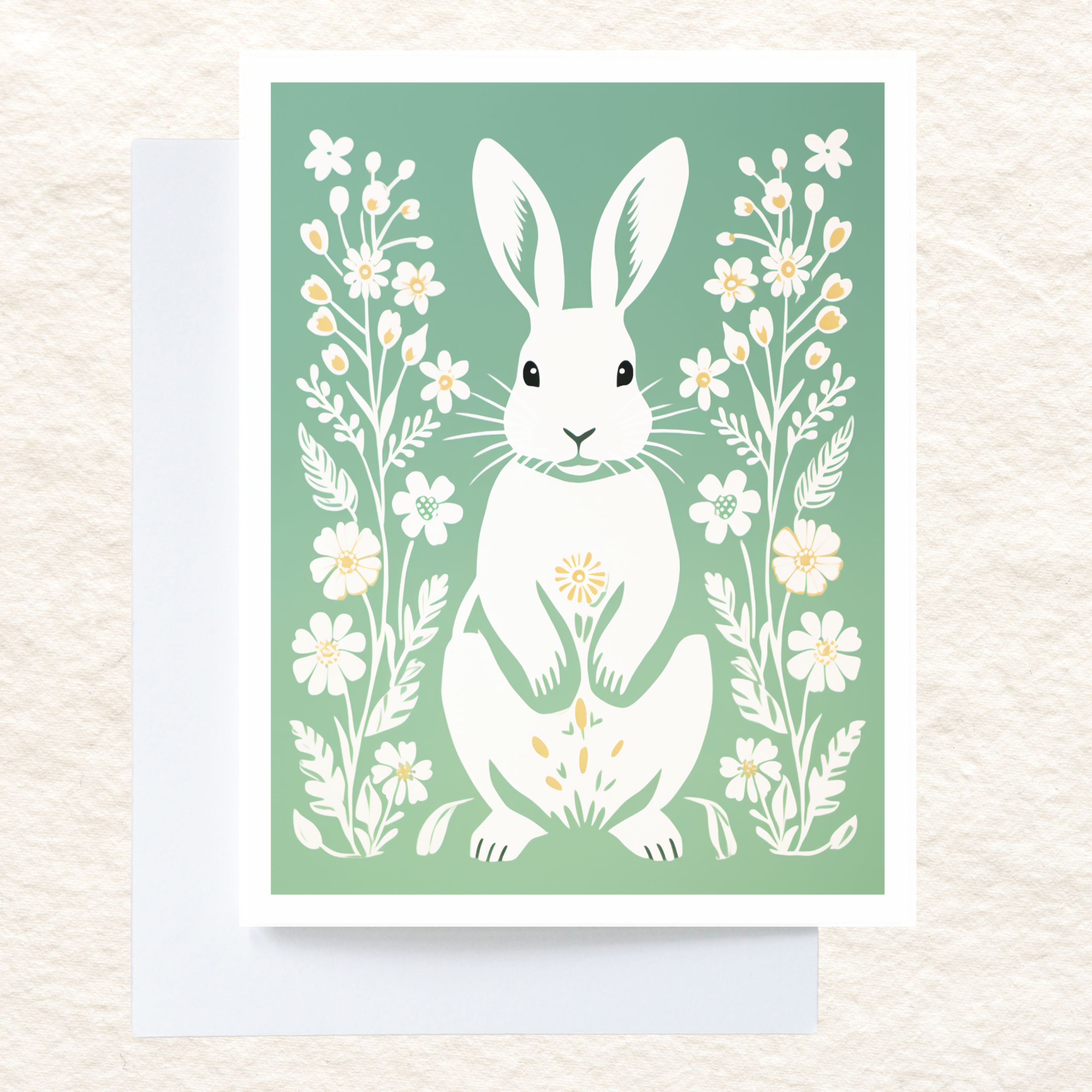 Bunny and Spring Flowers Illustration Card, All Occasion Cards, Thank You, Invitation, Note Card, Greetings, Birthdays