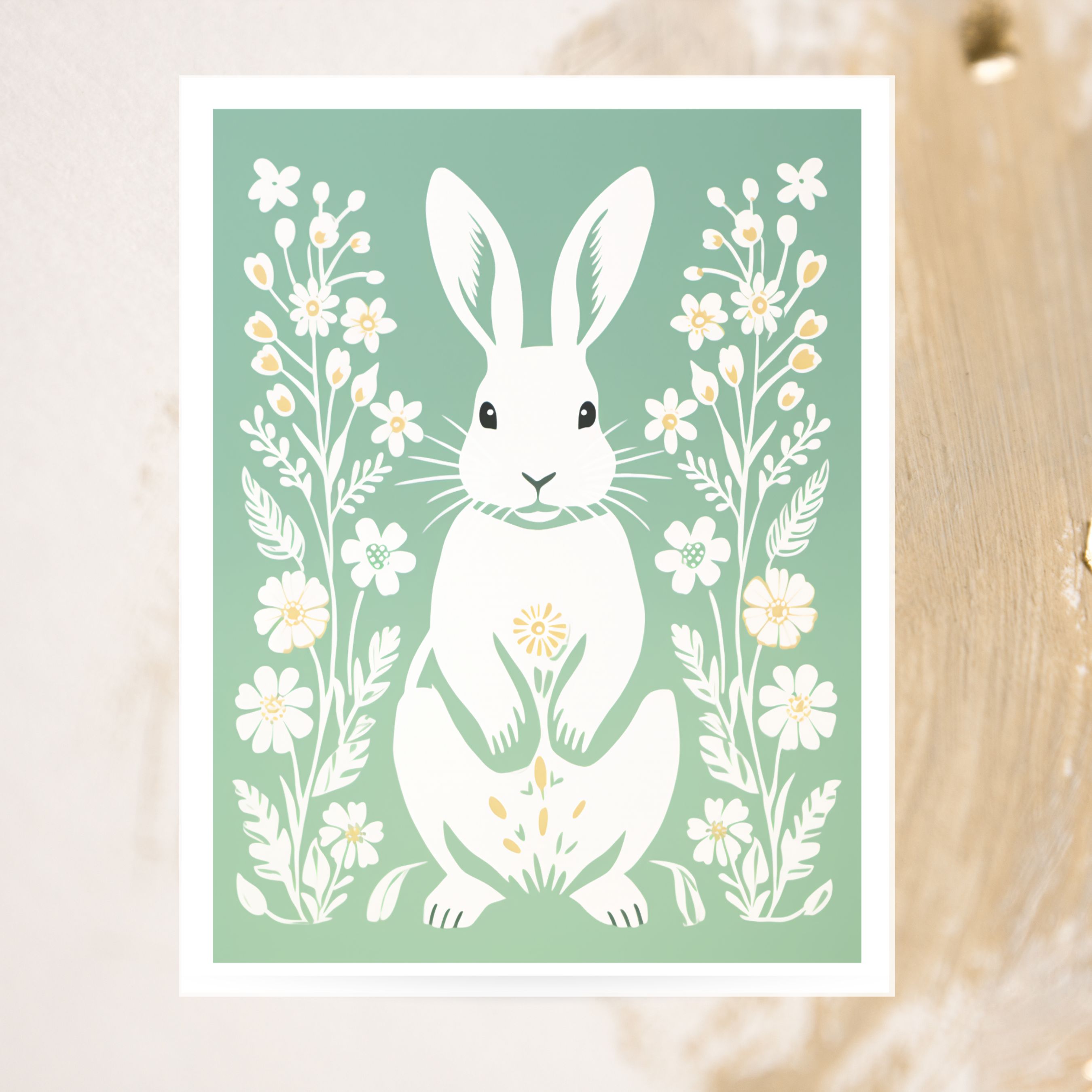 Bunny and Spring Flowers Illustration Card, All Occasion Cards, Thank You, Invitation, Note Card, Greetings, Birthdays