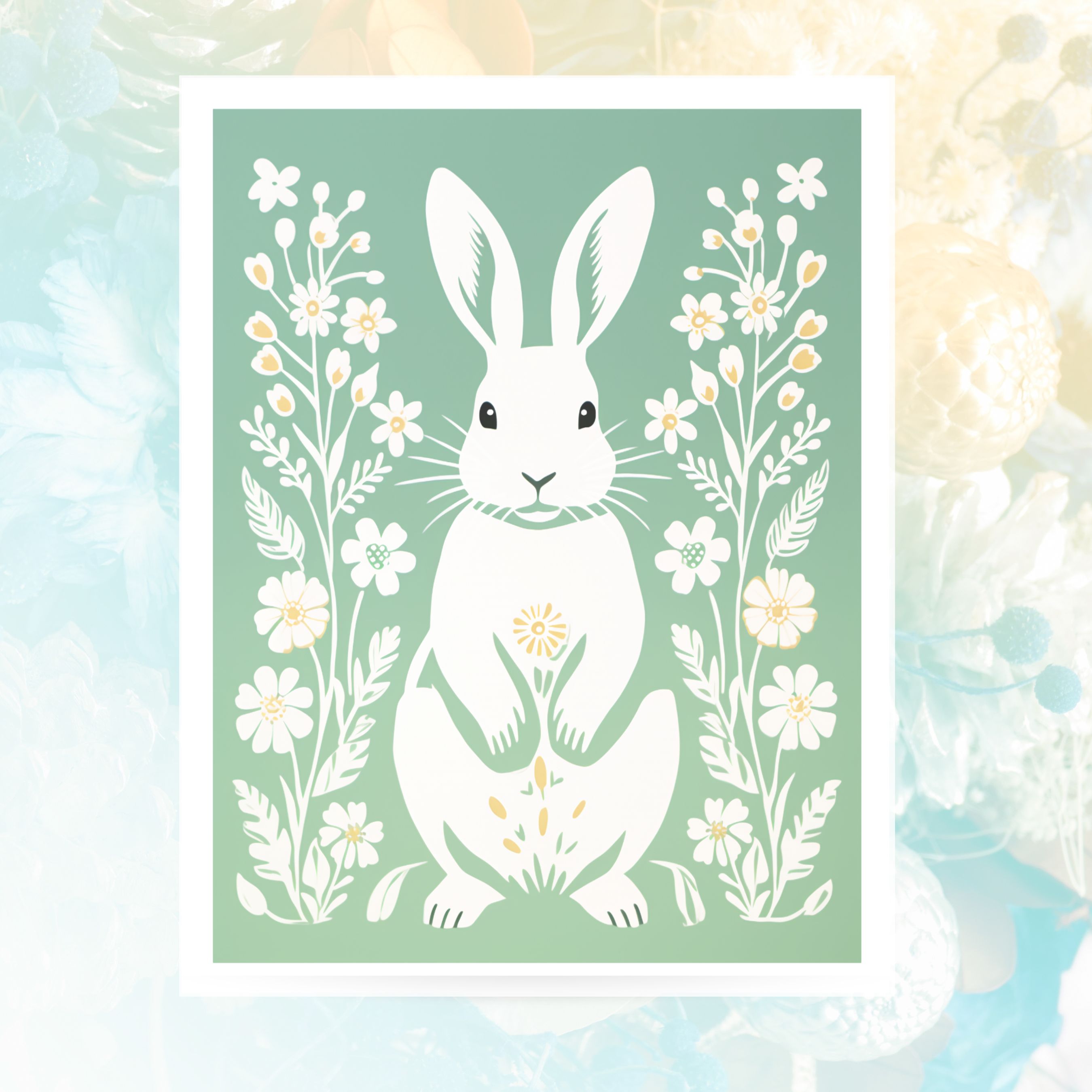 Bunny and Spring Flowers Illustration Card, All Occasion Cards, Thank You, Invitation, Note Card, Greetings, Birthdays