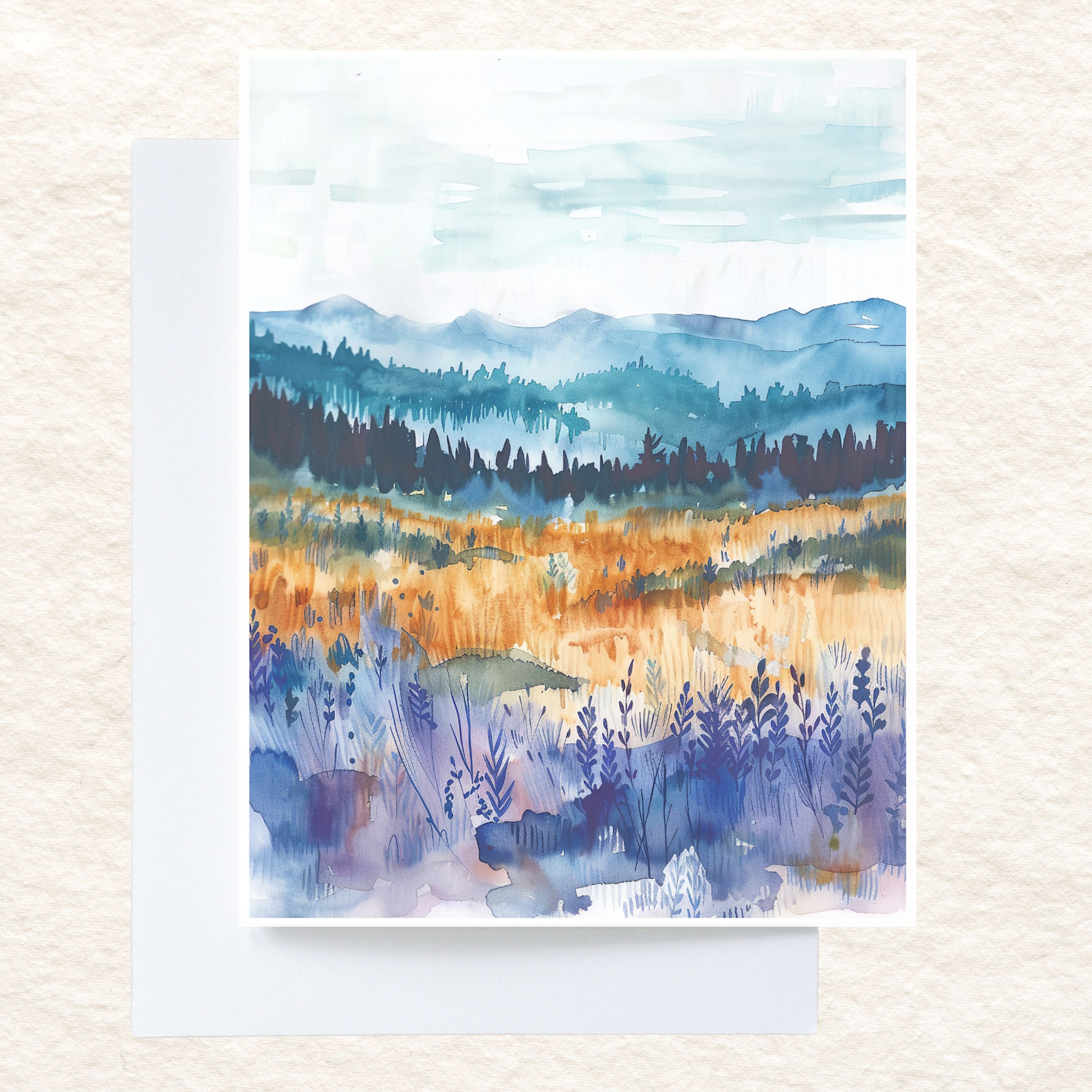 Watercolor Blue Ridge Mountains Art, Scenic Meadow and Forest, All Occasion Cards, Thank You, Invitation, Note Card, Greetings, Birthdays