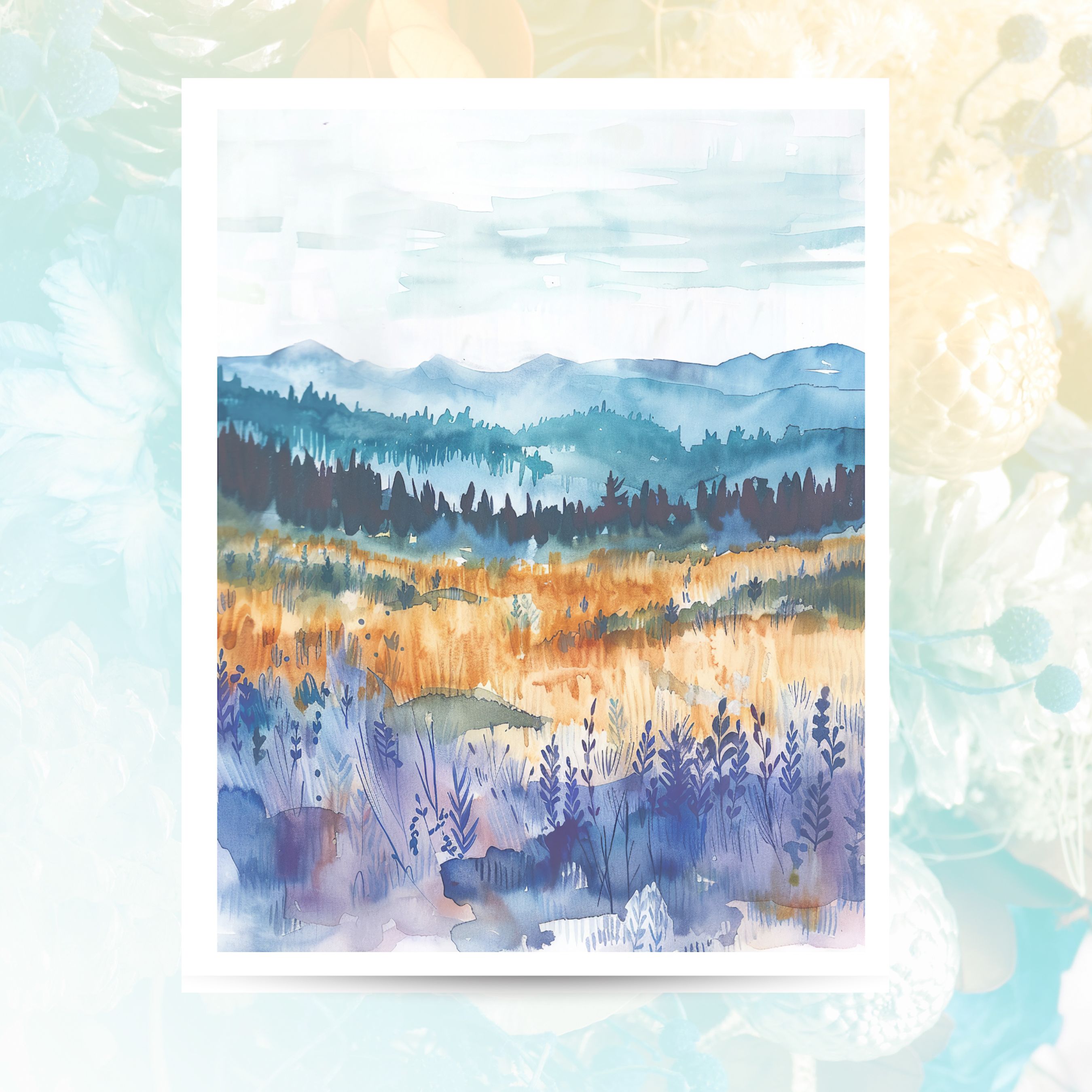 Watercolor Blue Ridge Mountains Art, Scenic Meadow and Forest, All Occasion Cards, Thank You, Invitation, Note Card, Greetings, Birthdays