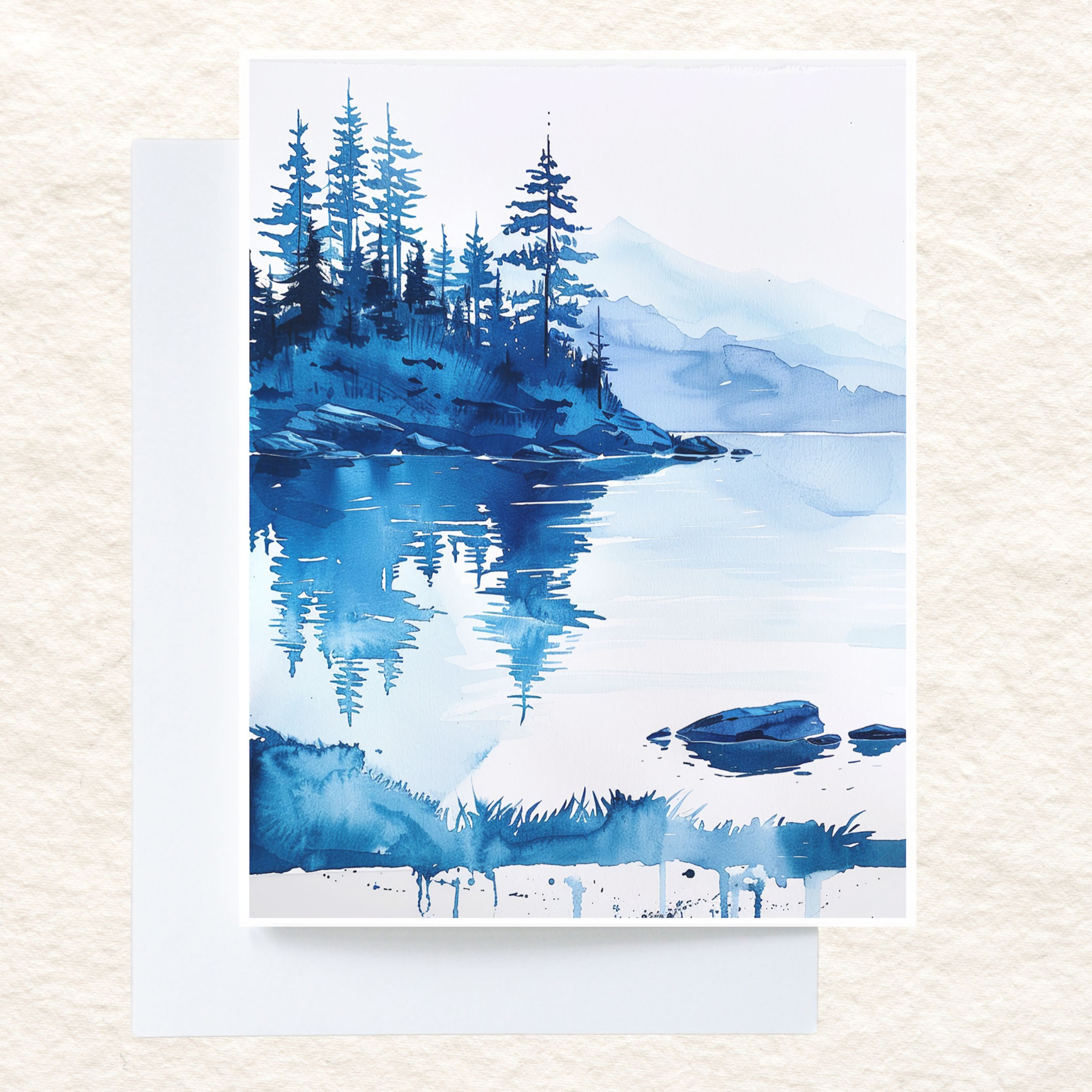 Watercolor Mountain Lake Blue Tree Reflections Serene Forest Card, All Occasion Cards, Thank You, Invitation, Note Card, Greetings, Birthdays