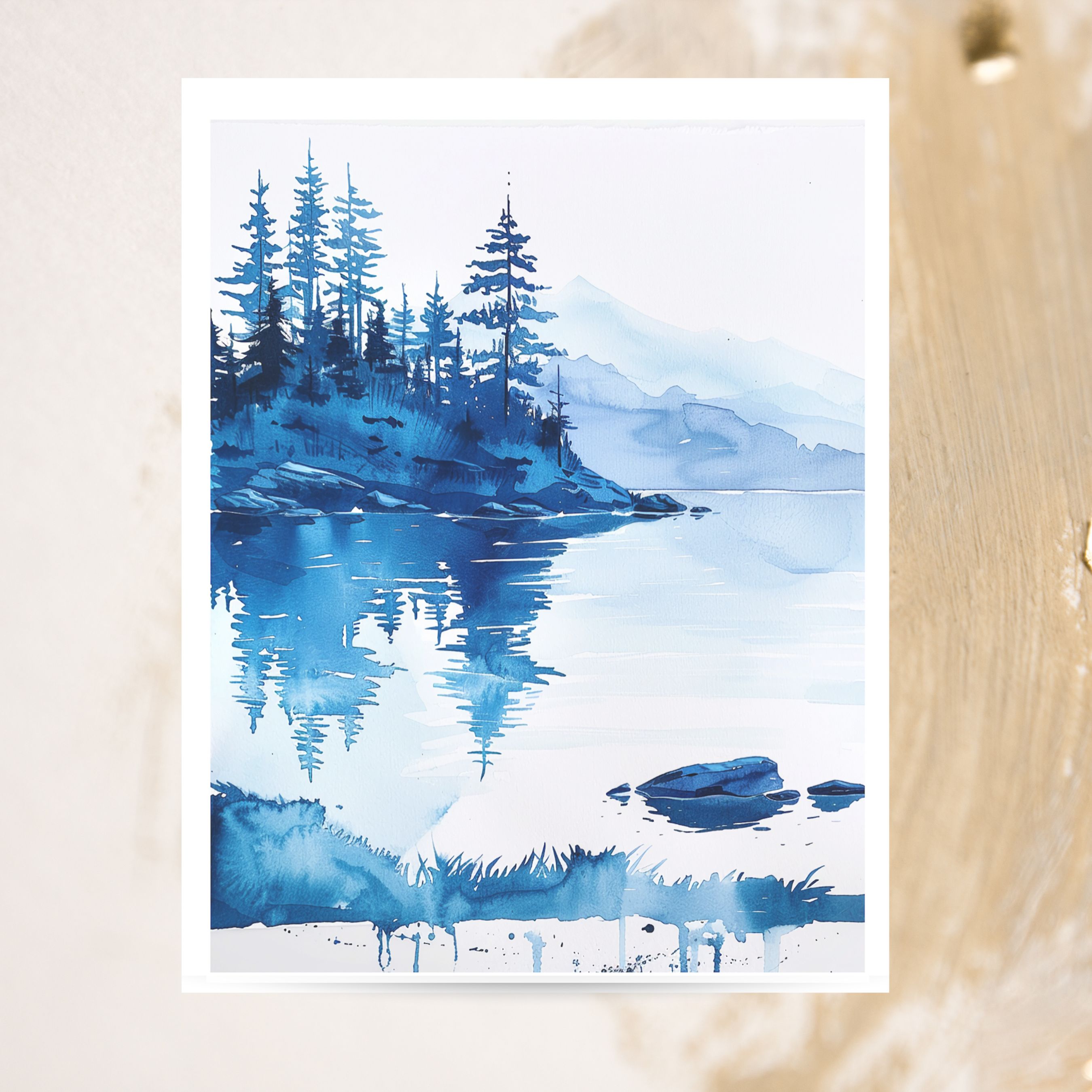 Watercolor Mountain Lake Blue Tree Reflections Serene Forest Card, All Occasion Cards, Thank You, Invitation, Note Card, Greetings, Birthdays