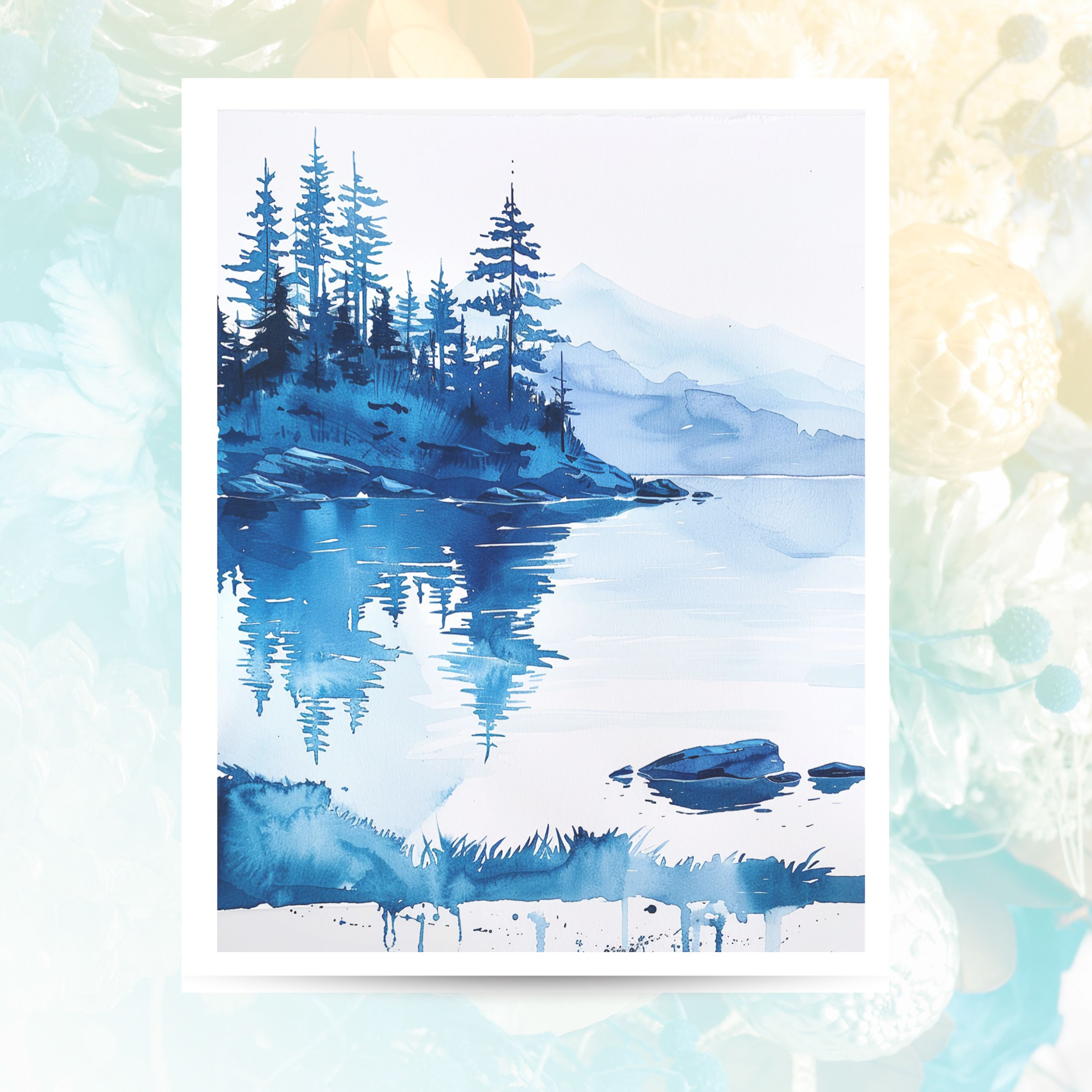 Watercolor Mountain Lake Blue Tree Reflections Serene Forest Card, All Occasion Cards, Thank You, Invitation, Note Card, Greetings, Birthdays