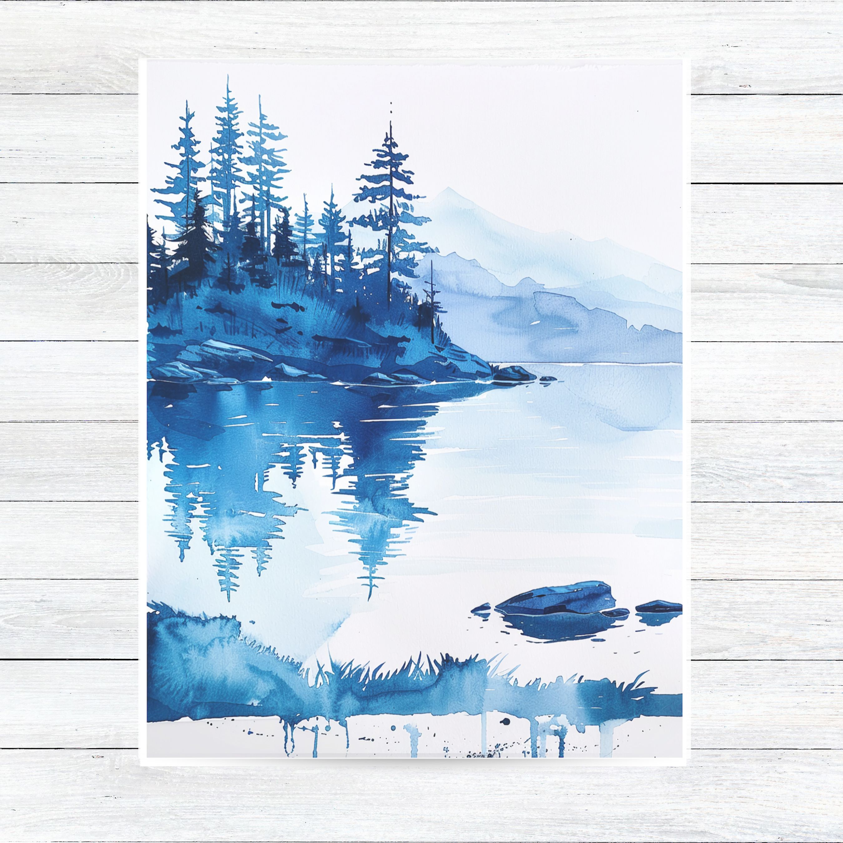 Watercolor Mountain Lake Blue Tree Reflections Serene Forest Card, All Occasion Cards, Thank You, Invitation, Note Card, Greetings, Birthdays