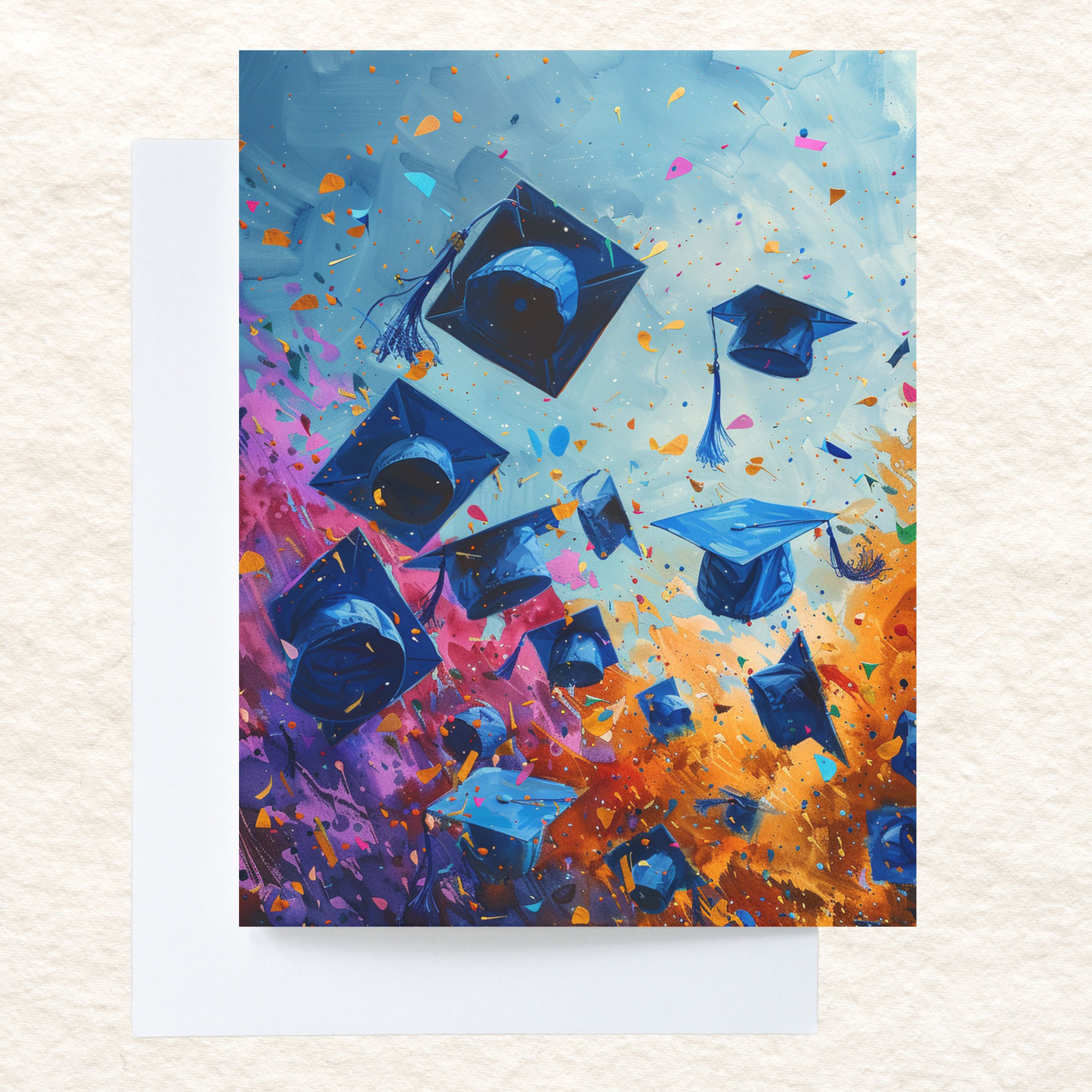 Graduation Card, Flying Caps Celebration, Watercolor Unique Handmade Card