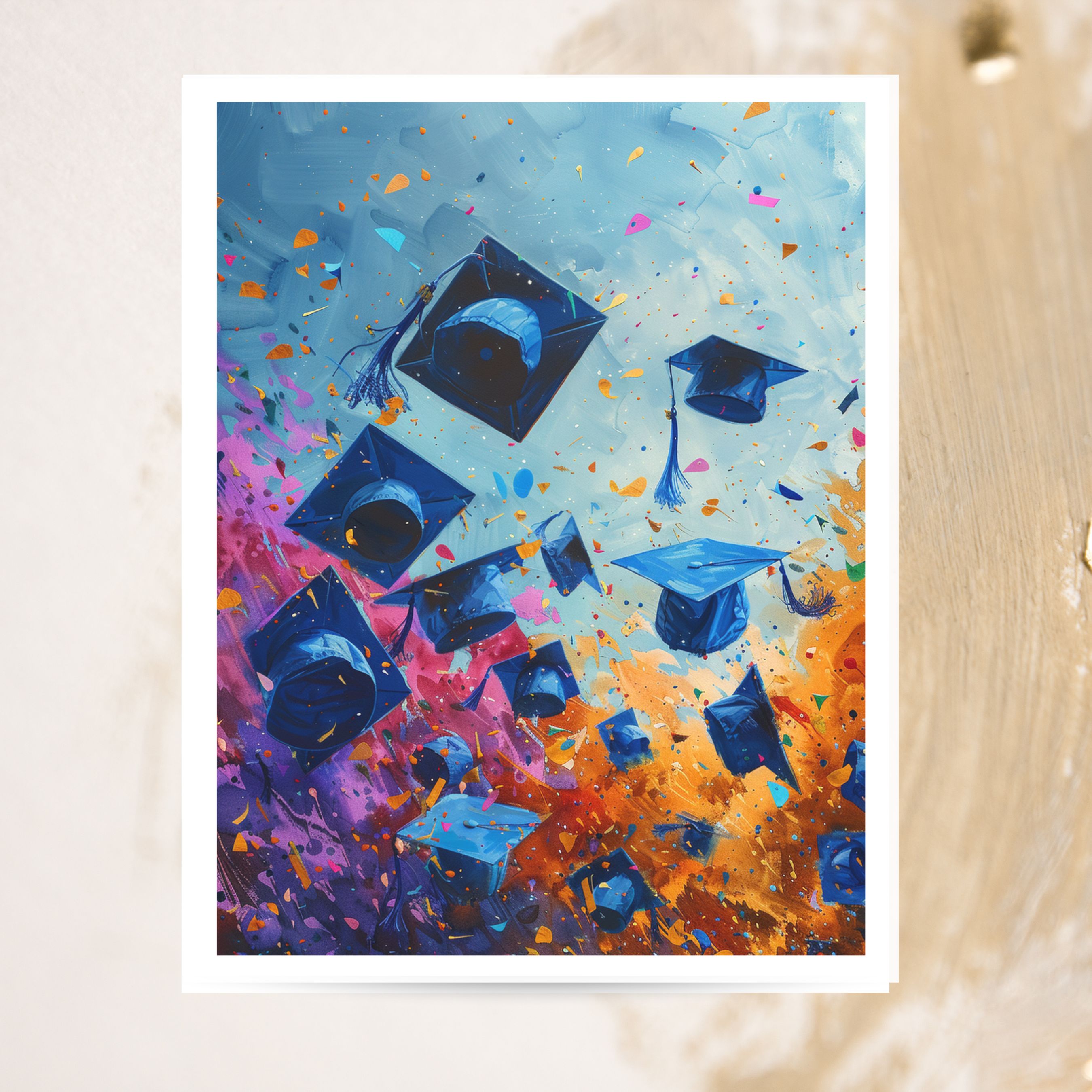 Graduation Card, Flying Caps Celebration, Watercolor Unique Handmade Card