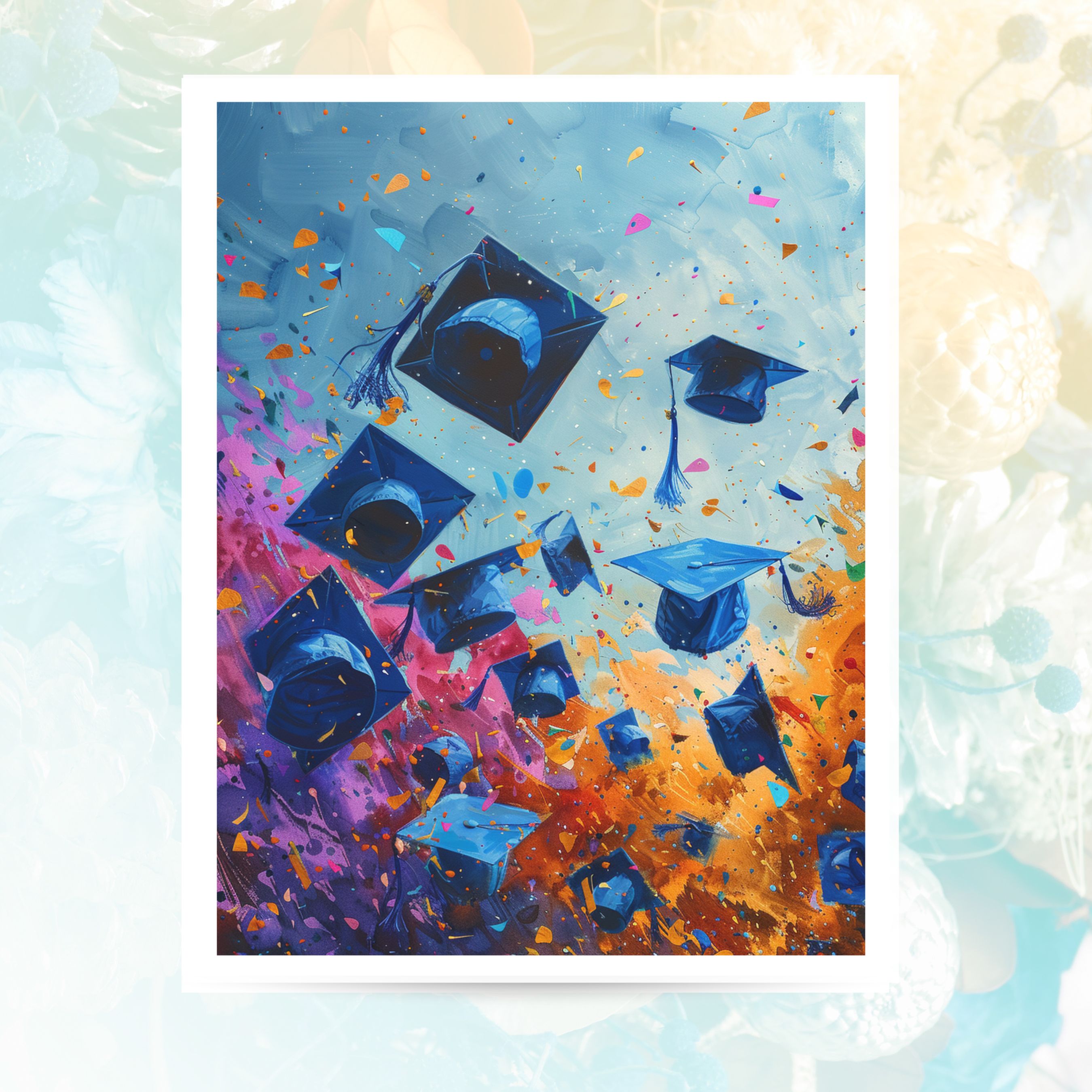 Graduation Card, Flying Caps Celebration, Watercolor Unique Handmade Card