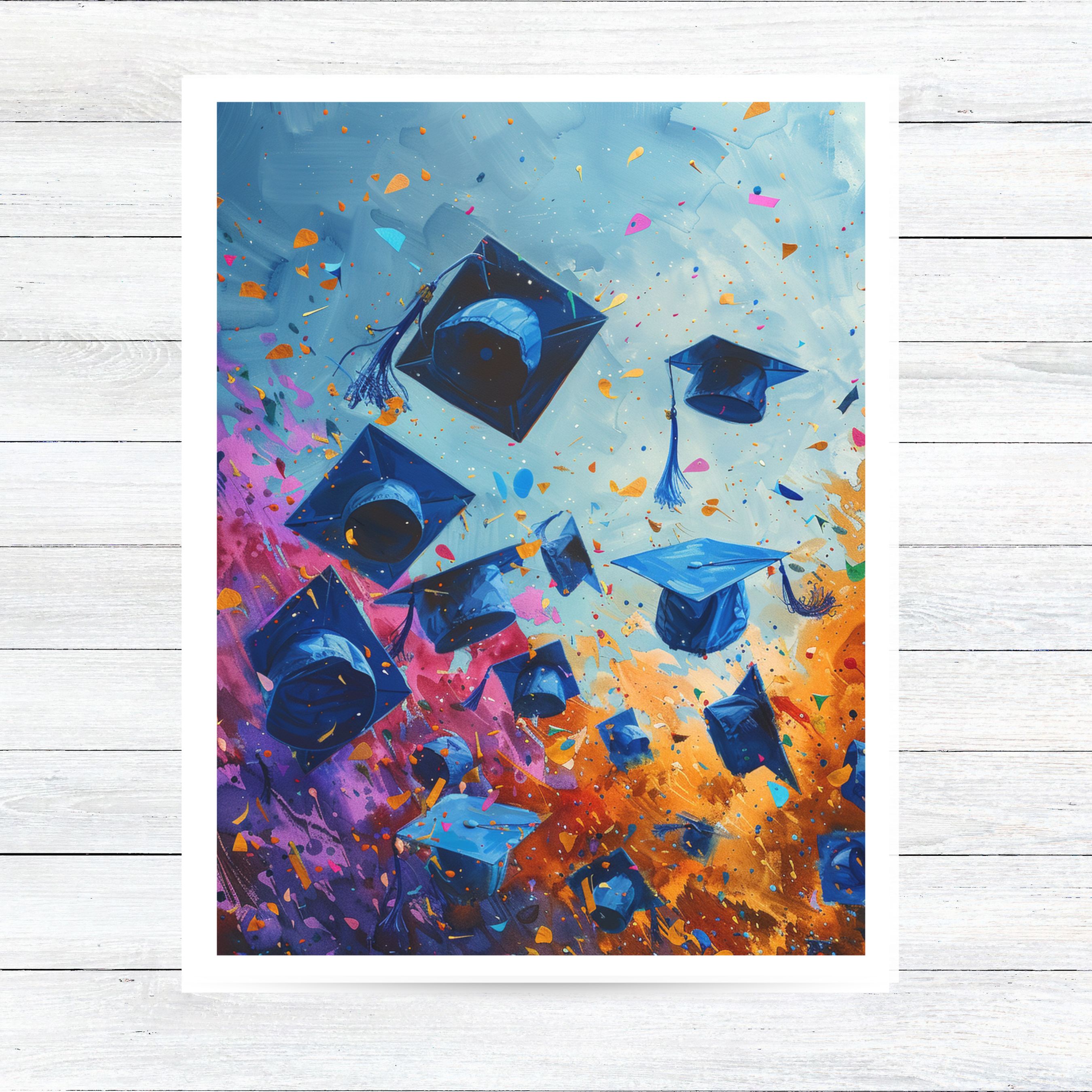 Graduation Card, Flying Caps Celebration, Watercolor Unique Handmade Card