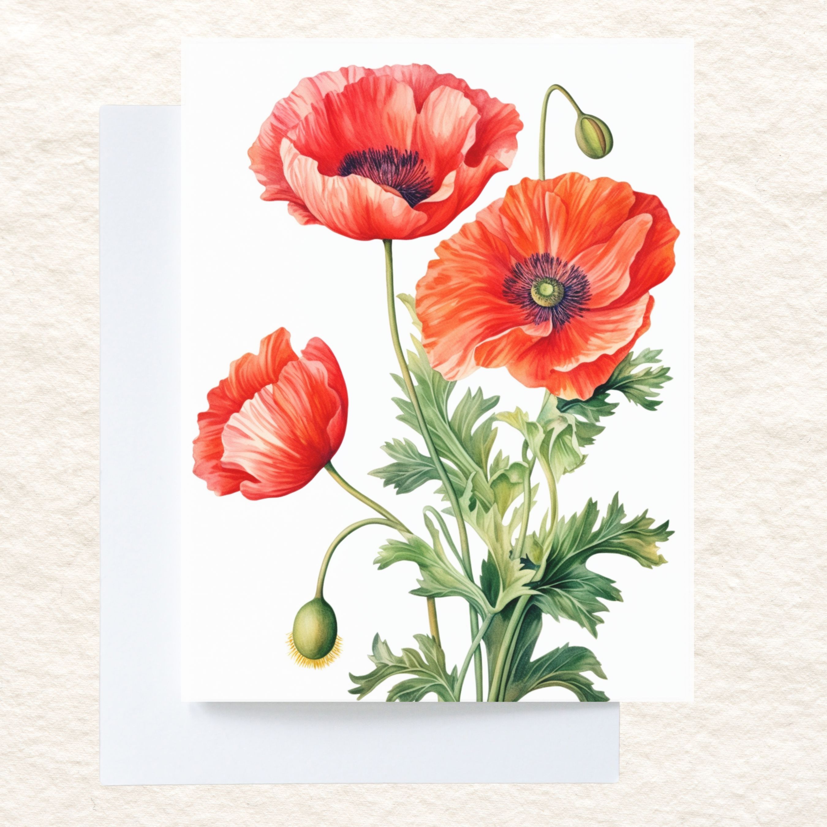 Red Poppies Illustrated Greeting Card, Vivid Red Floral Art, Elegant Botanical All Occasion Cards, Thank You, Invitation, Note Card, Greetings, Birthdays