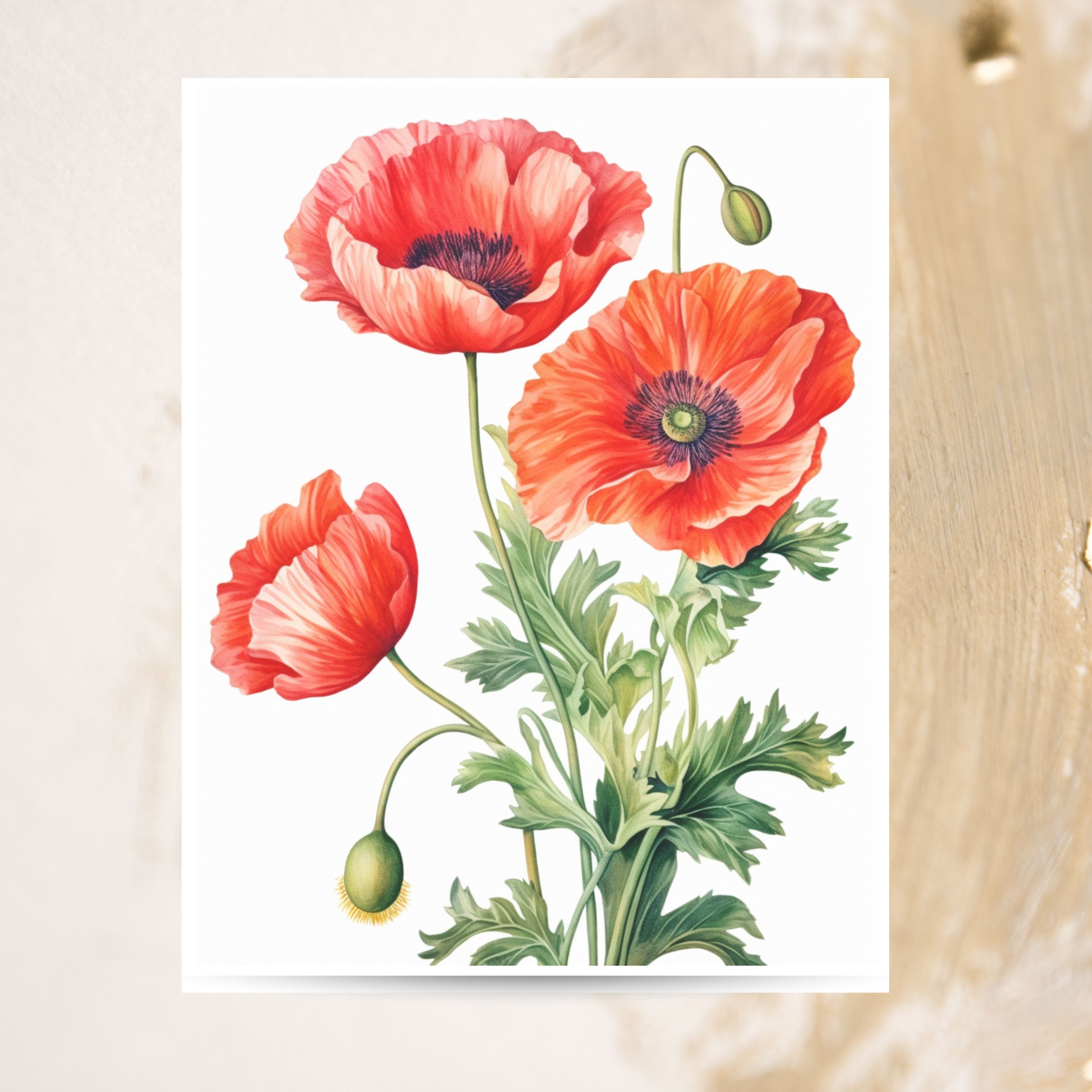 Red Poppies Illustrated Greeting Card, Vivid Red Floral Art, Elegant Botanical All Occasion Cards, Thank You, Invitation, Note Card, Greetings, Birthdays
