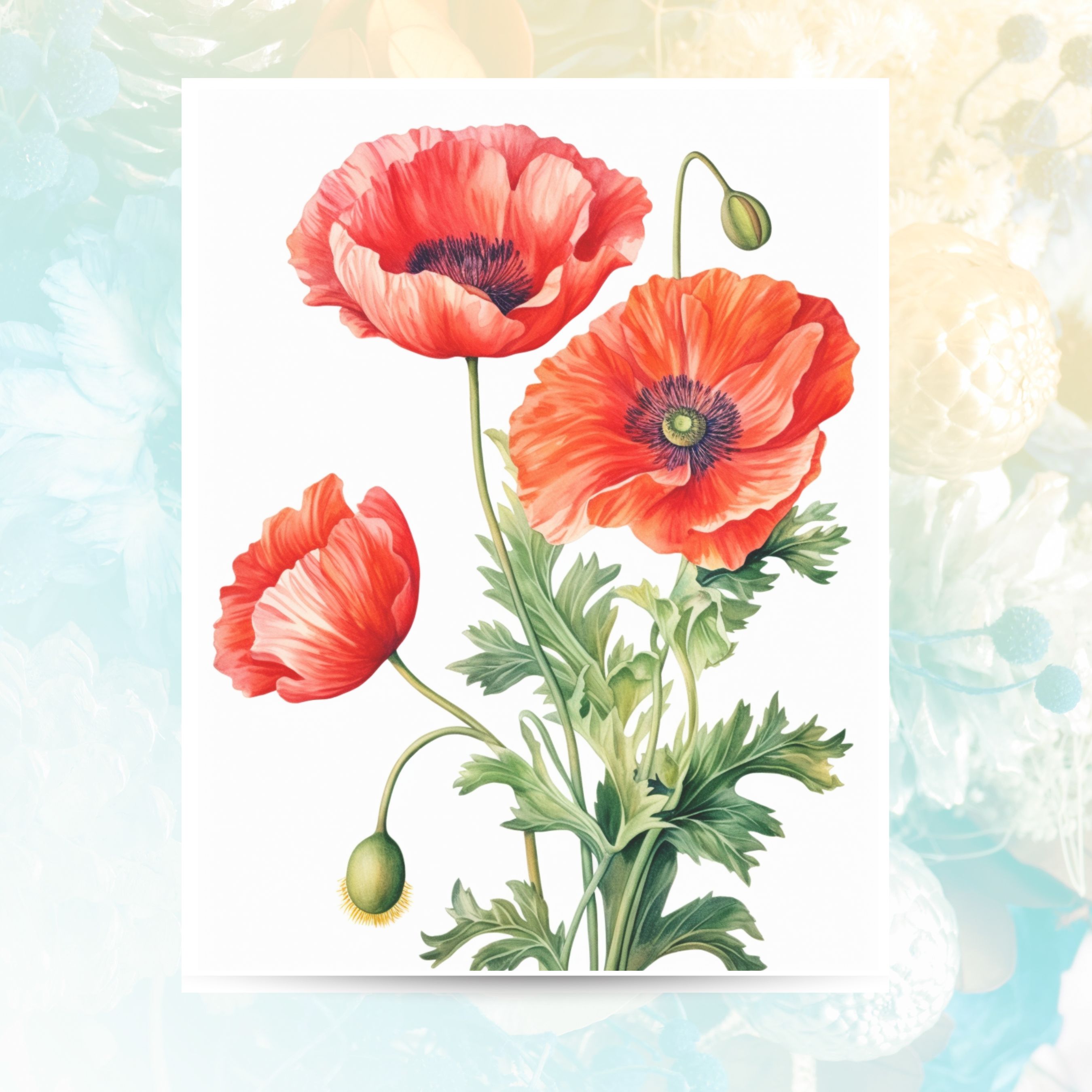 Red Poppies Illustrated Greeting Card, Vivid Red Floral Art, Elegant Botanical All Occasion Cards, Thank You, Invitation, Note Card, Greetings, Birthdays