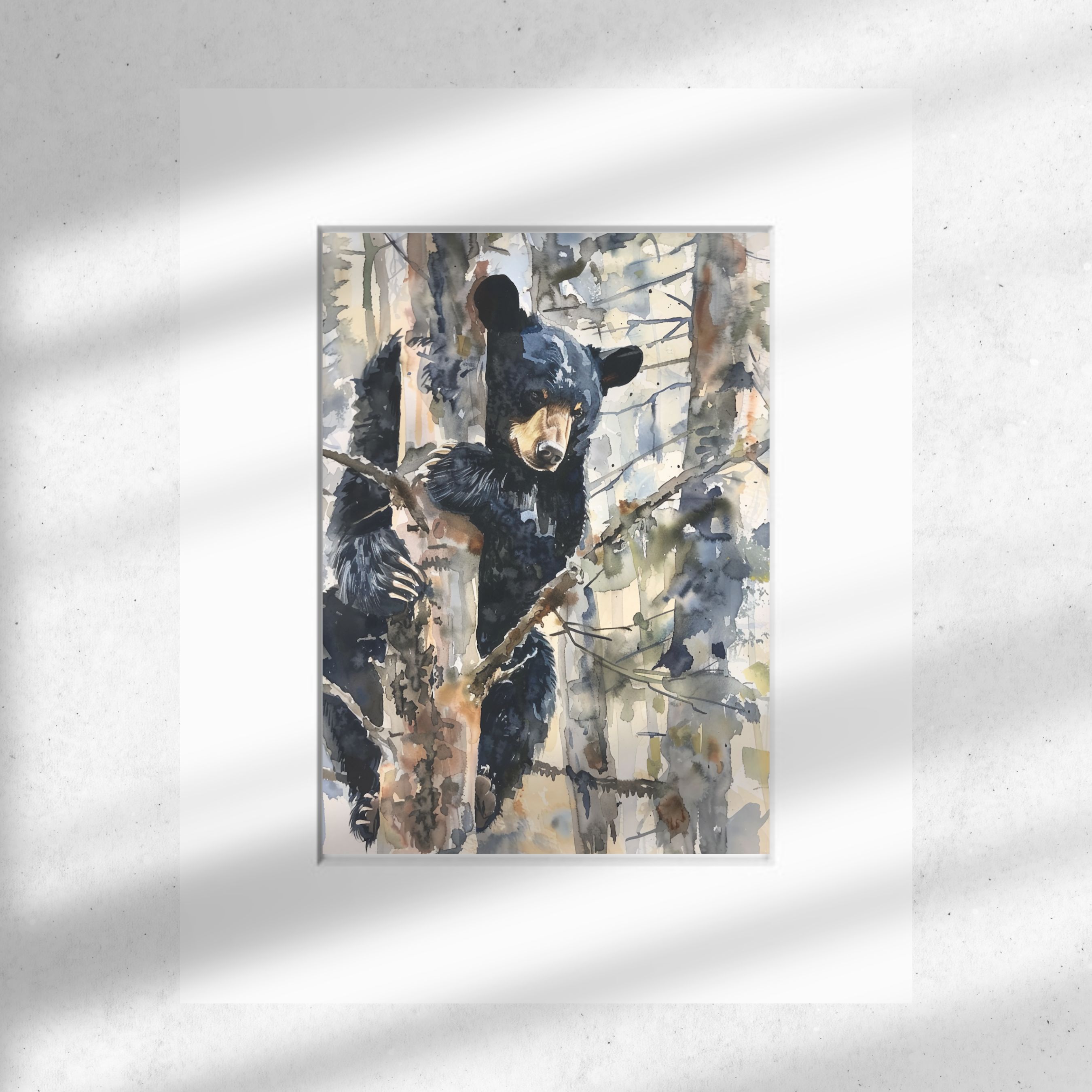 Curious Explorer Watercolor Bear in Trees, High Quality Art Print, Wildlife Art, Forest Animal Painting, Original Art