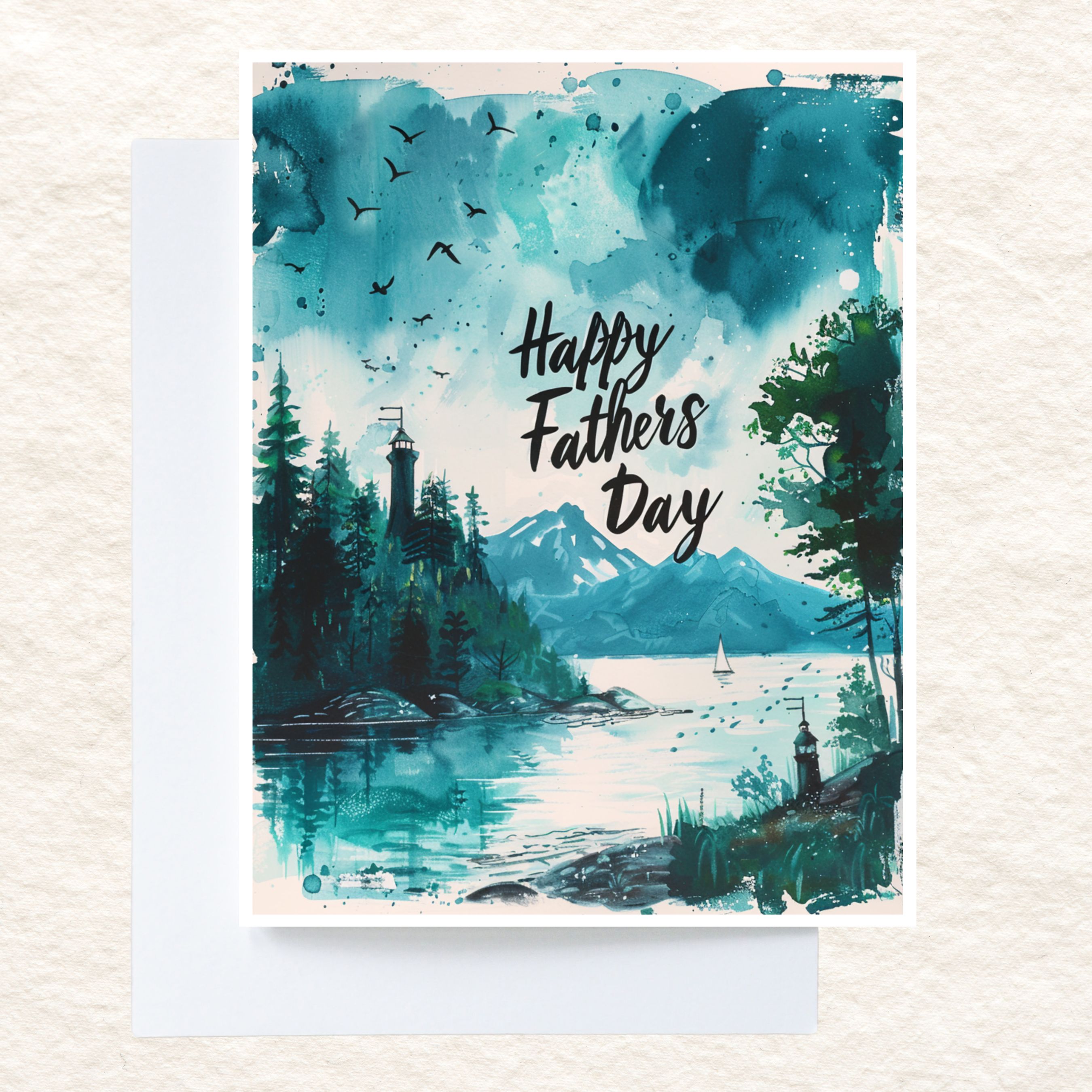 Happy Father's Day, Watercolor Scenic Lighthouse Card, For that Special Father Figure In Your Life