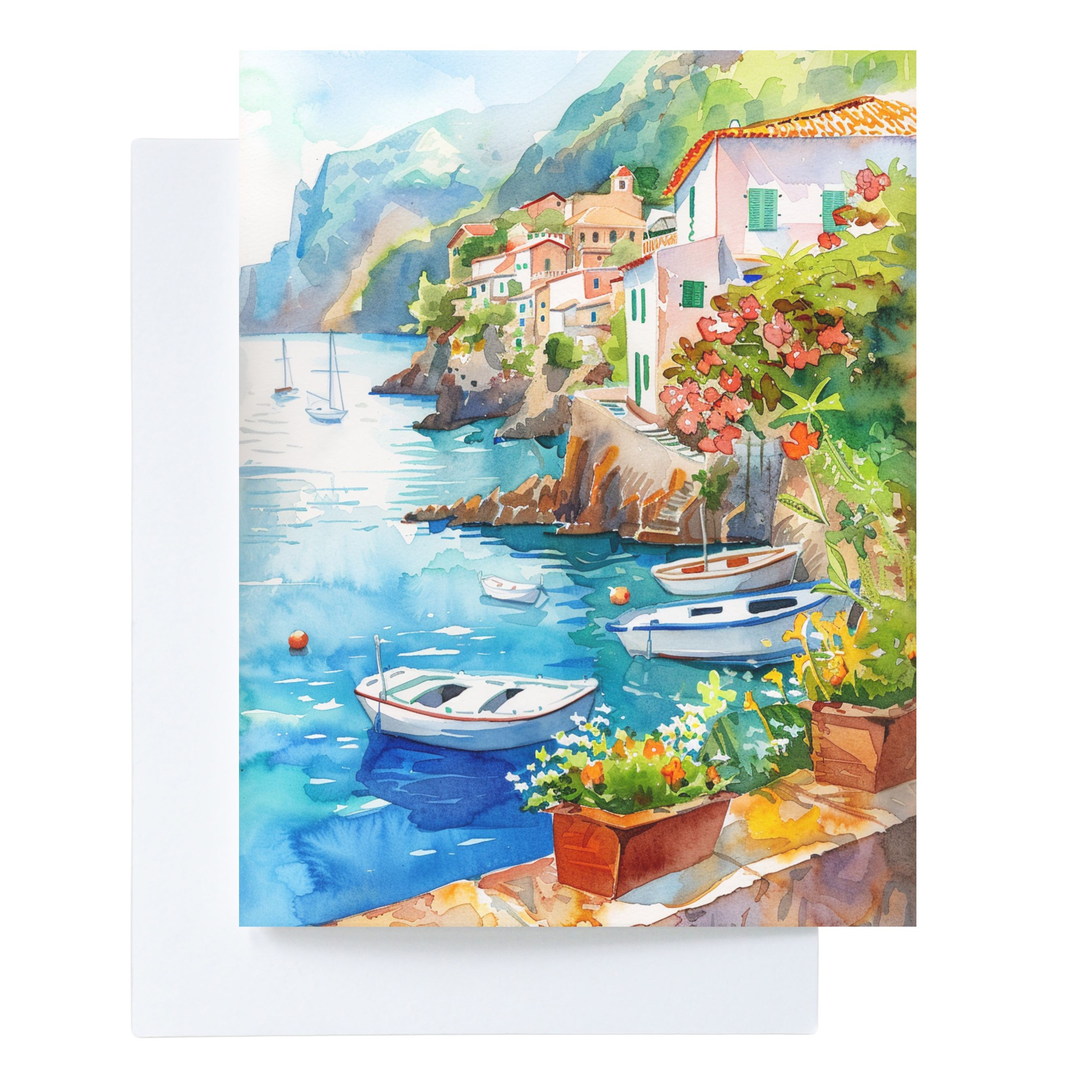 Mediterranean Seaside Greeting Card, Coastal Getaway Vacation, Note Cards, Thank You Cards, Invitations