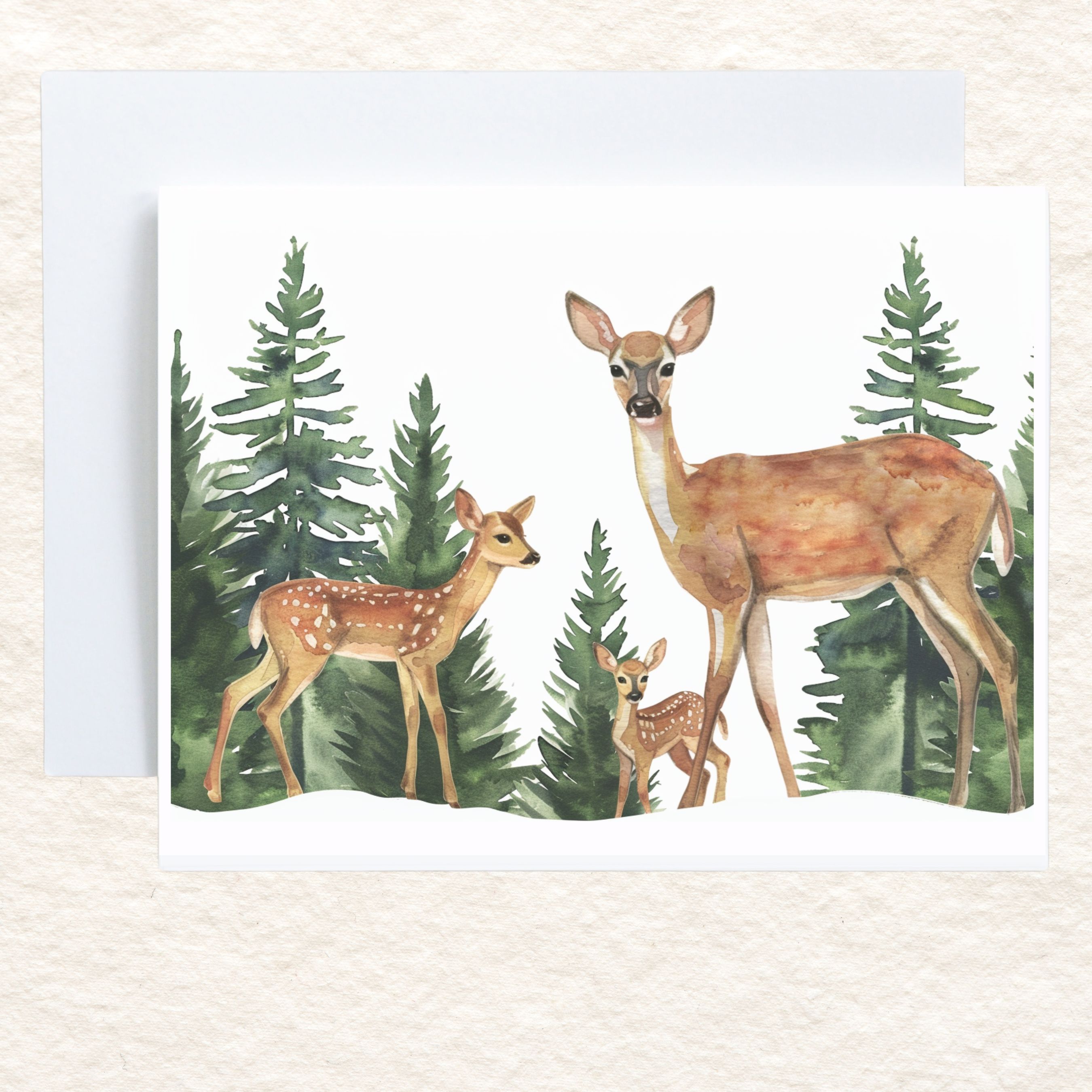 Momma Deer & Fawns in Pine Forest Greeting Card, Watercolor Note Cards, Invitations