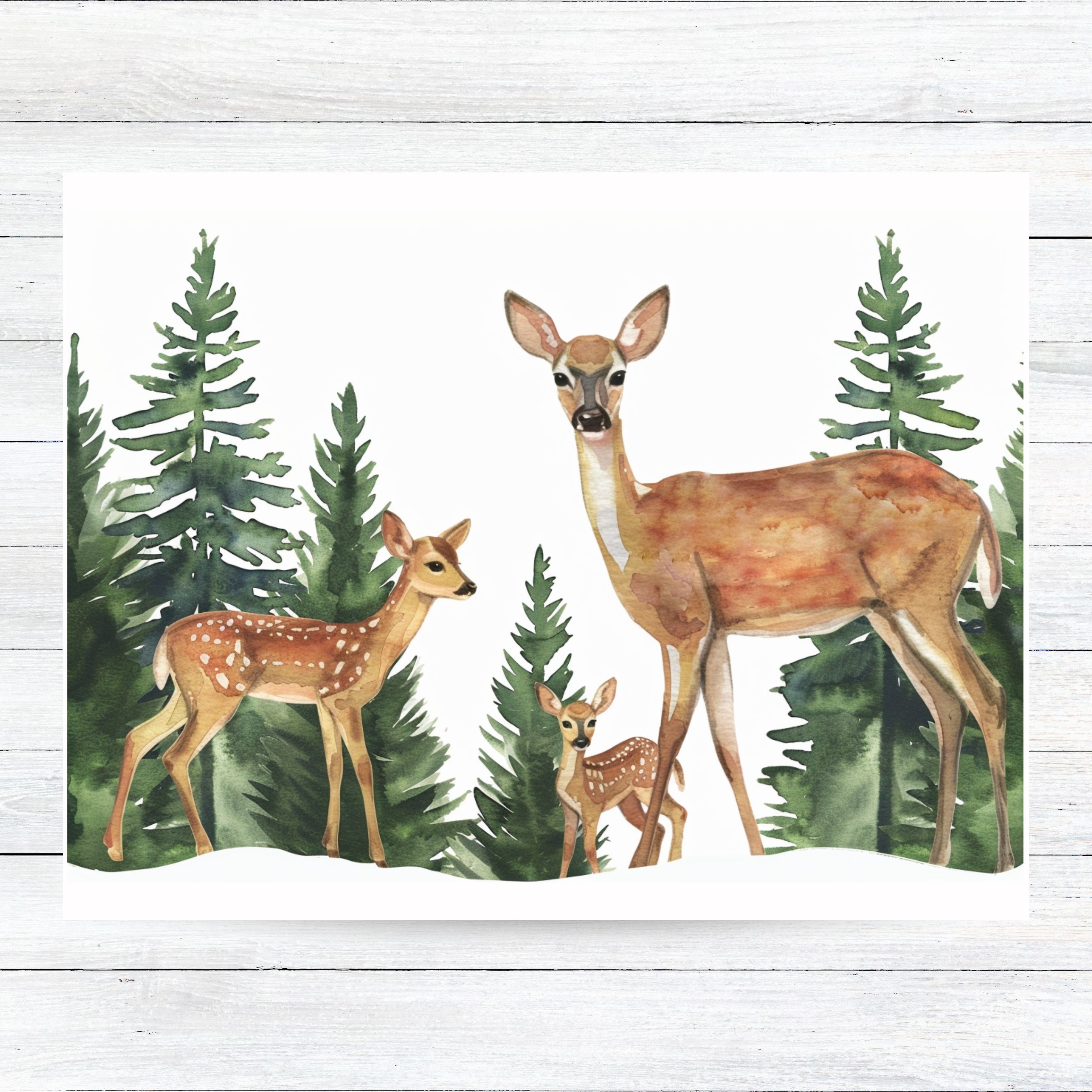 Momma Deer & Fawns in Pine Forest Greeting Card, Watercolor Note Cards, Invitations