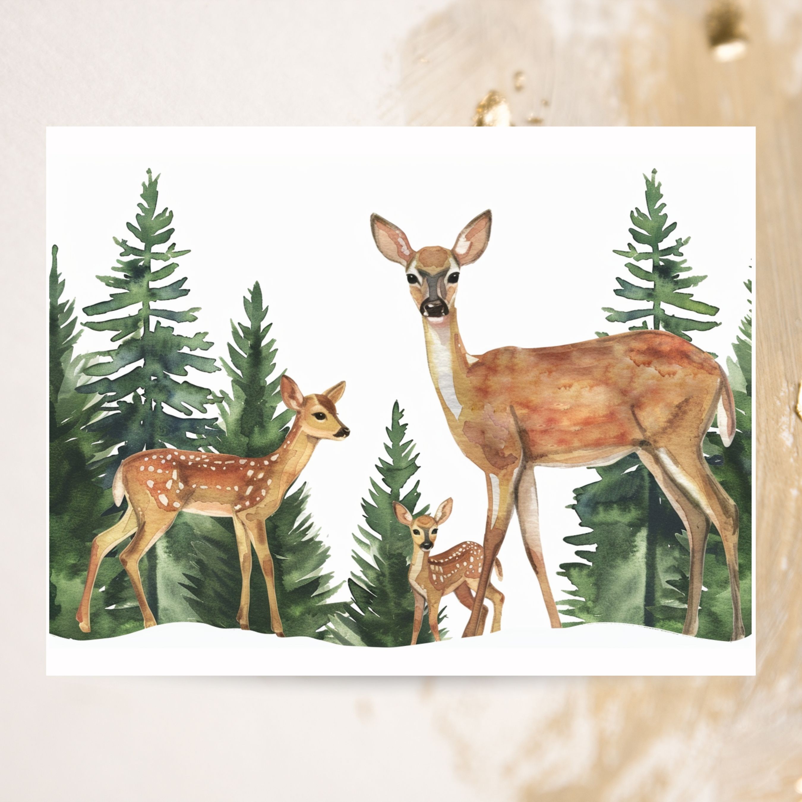 Momma Deer & Fawns in Pine Forest Greeting Card, Watercolor Note Cards, Invitations