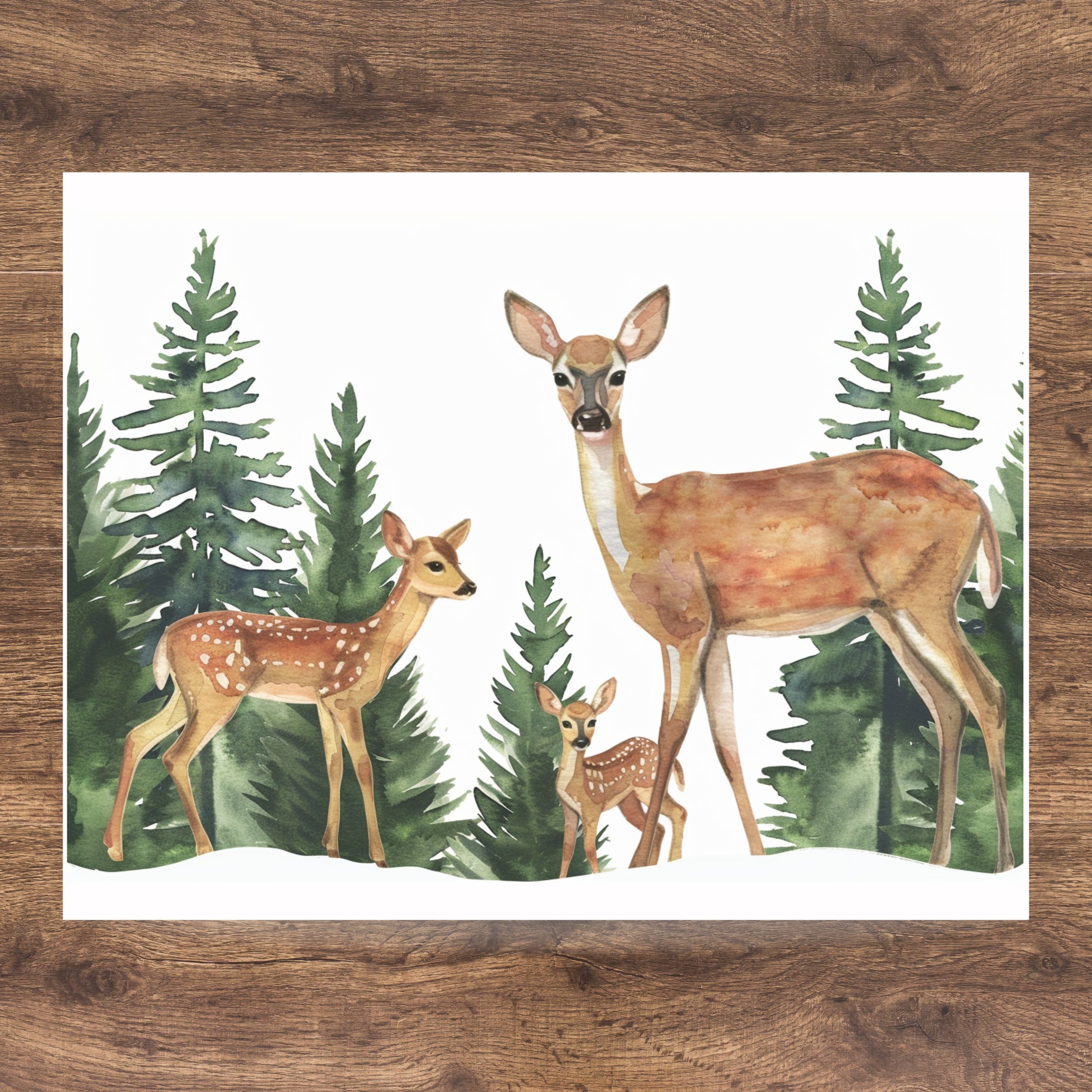 Momma Deer & Fawns in Pine Forest Greeting Card, Watercolor Note Cards, Invitations