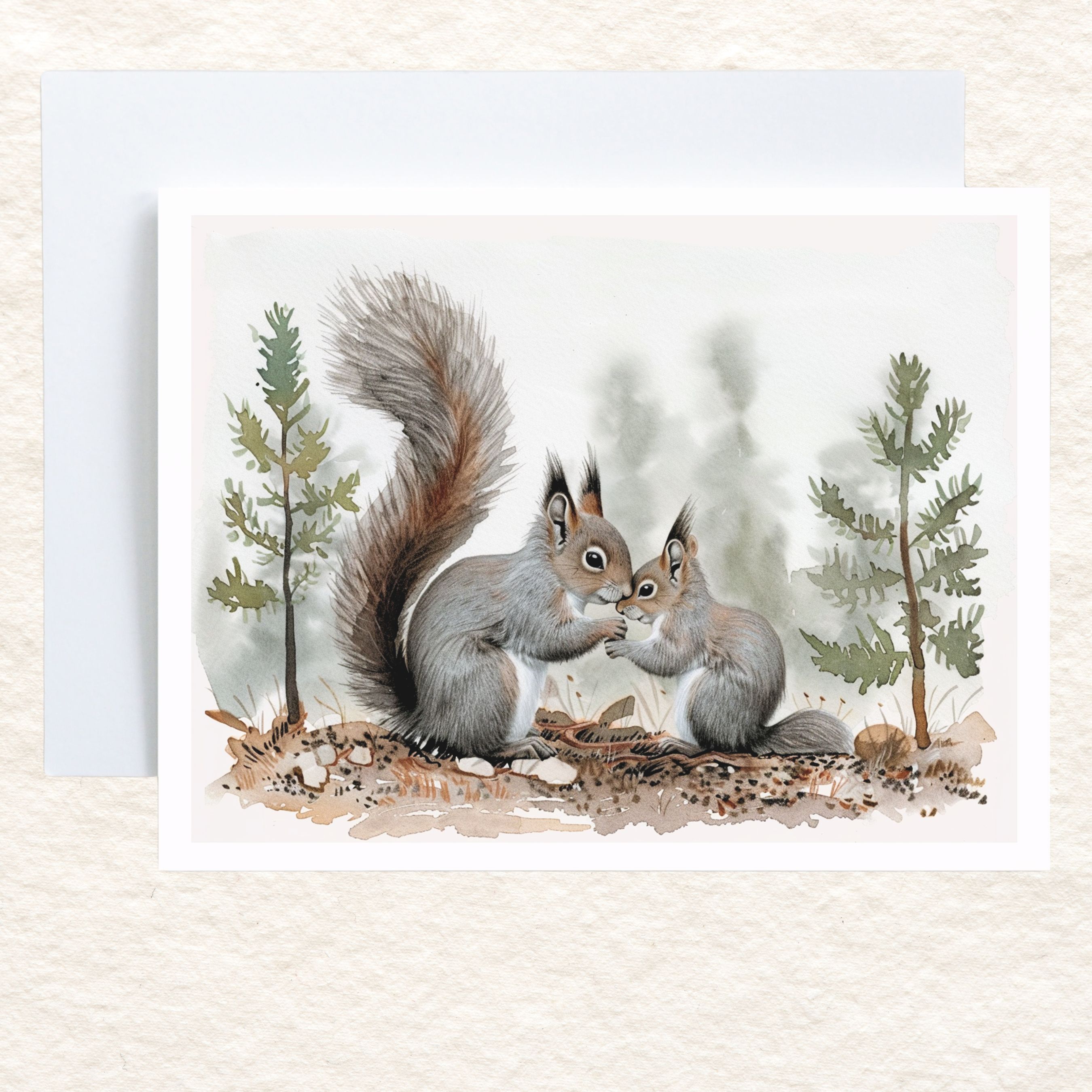 Rocky Mountain Squirrel Momma & Baby in Pine Forest Greeting Card, Watercolor Note Cards, Invitations
