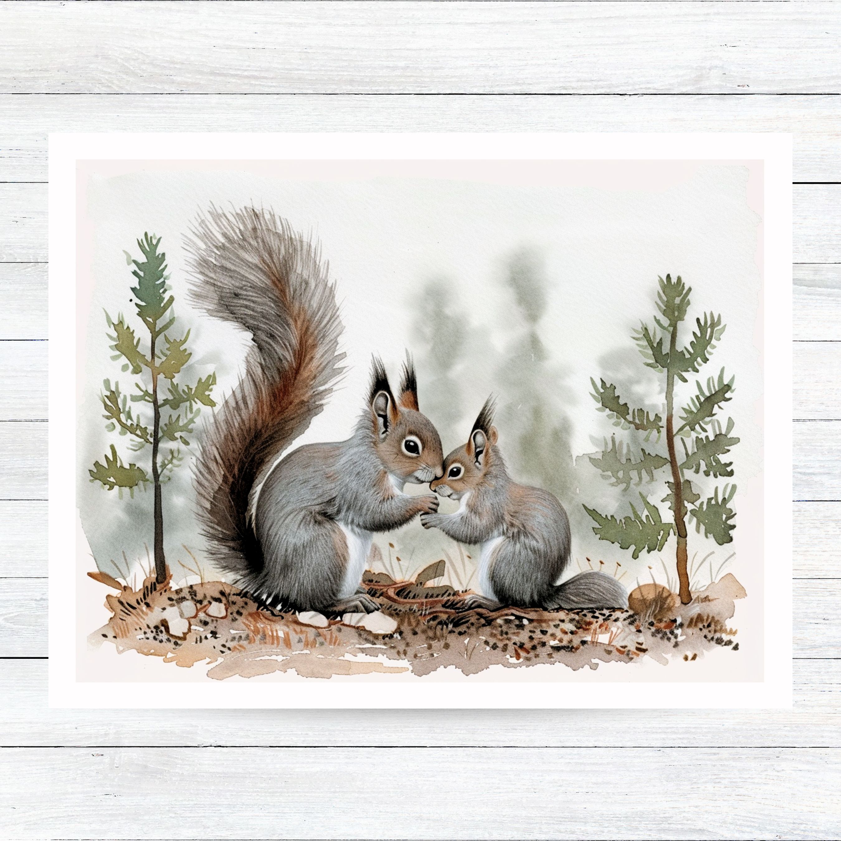 Rocky Mountain Squirrel Momma & Baby in Pine Forest Greeting Card, Watercolor Note Cards, Invitations