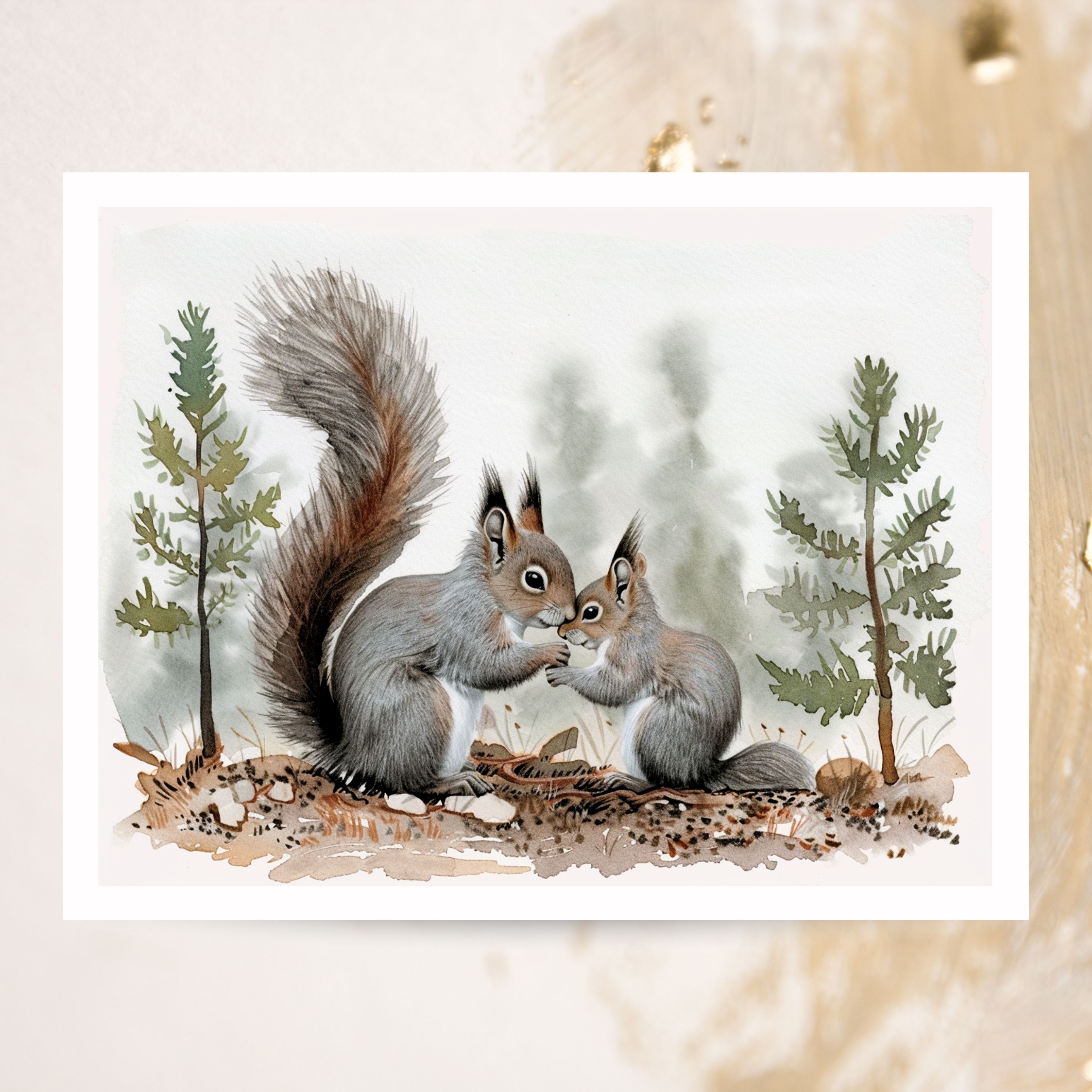 Rocky Mountain Squirrel Momma & Baby in Pine Forest Greeting Card, Watercolor Note Cards, Invitations