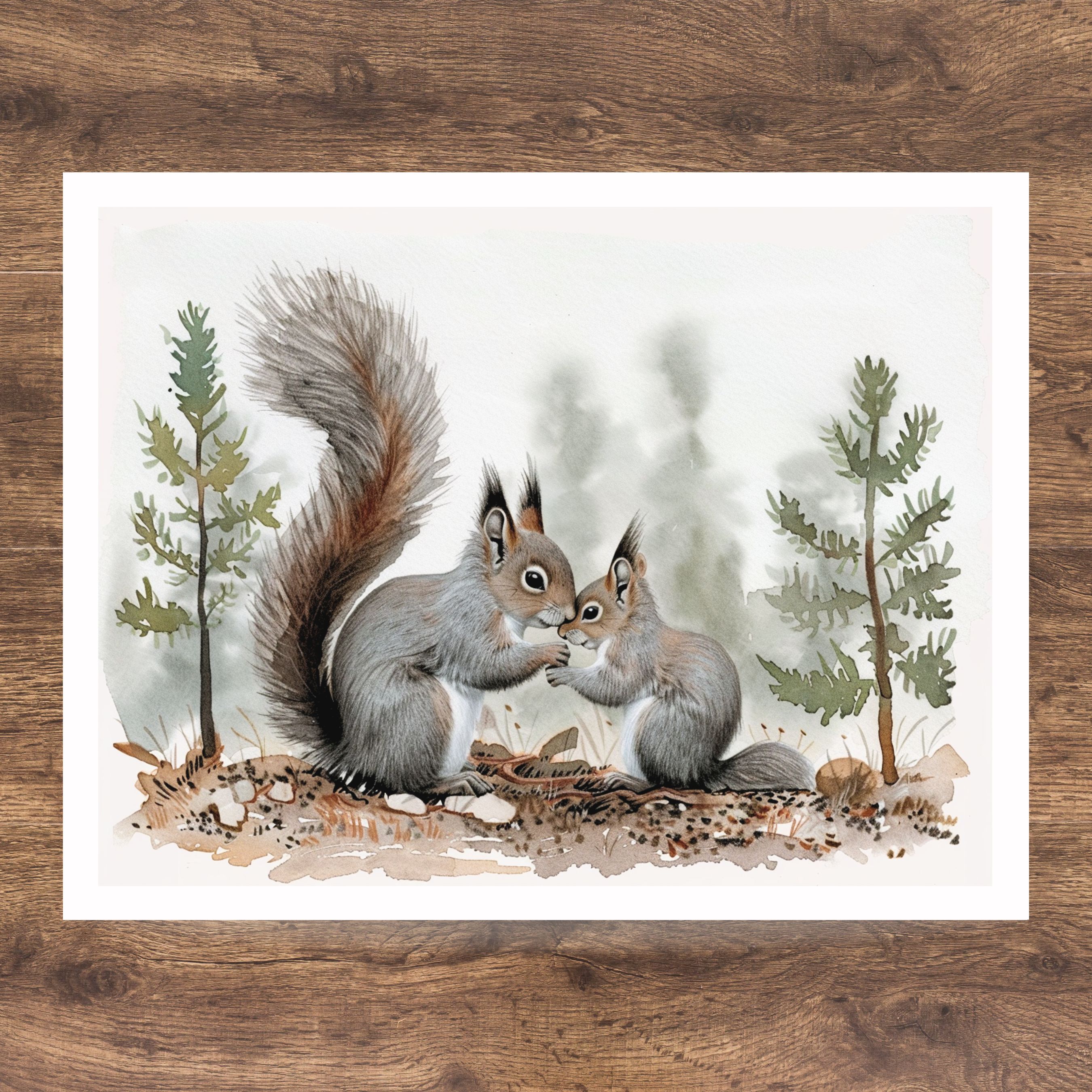 Rocky Mountain Squirrel Momma & Baby in Pine Forest Greeting Card, Watercolor Note Cards, Invitations
