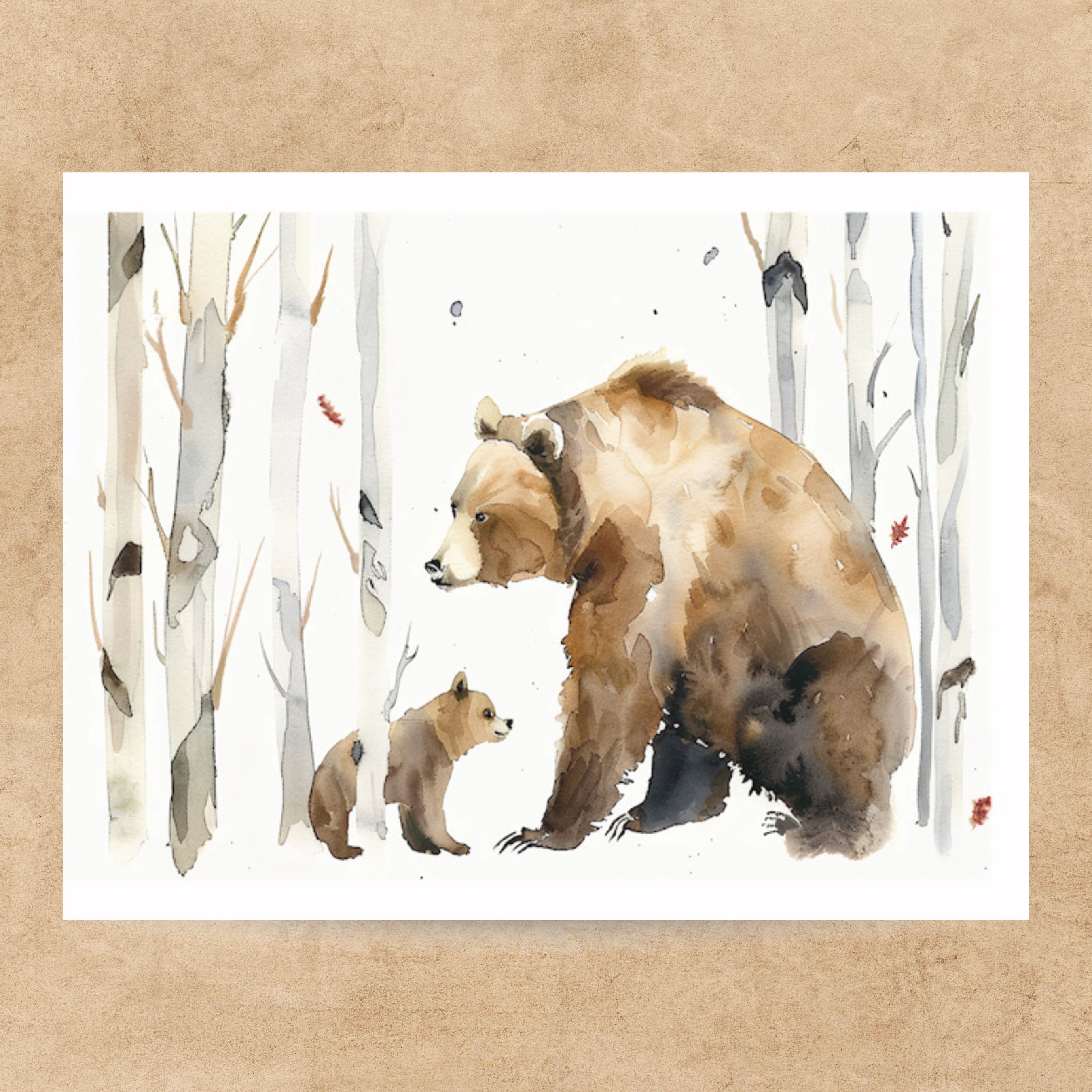 Momma Bear & Cub Birch Forest Greeting Card, Watercolor Note Cards, Invitations