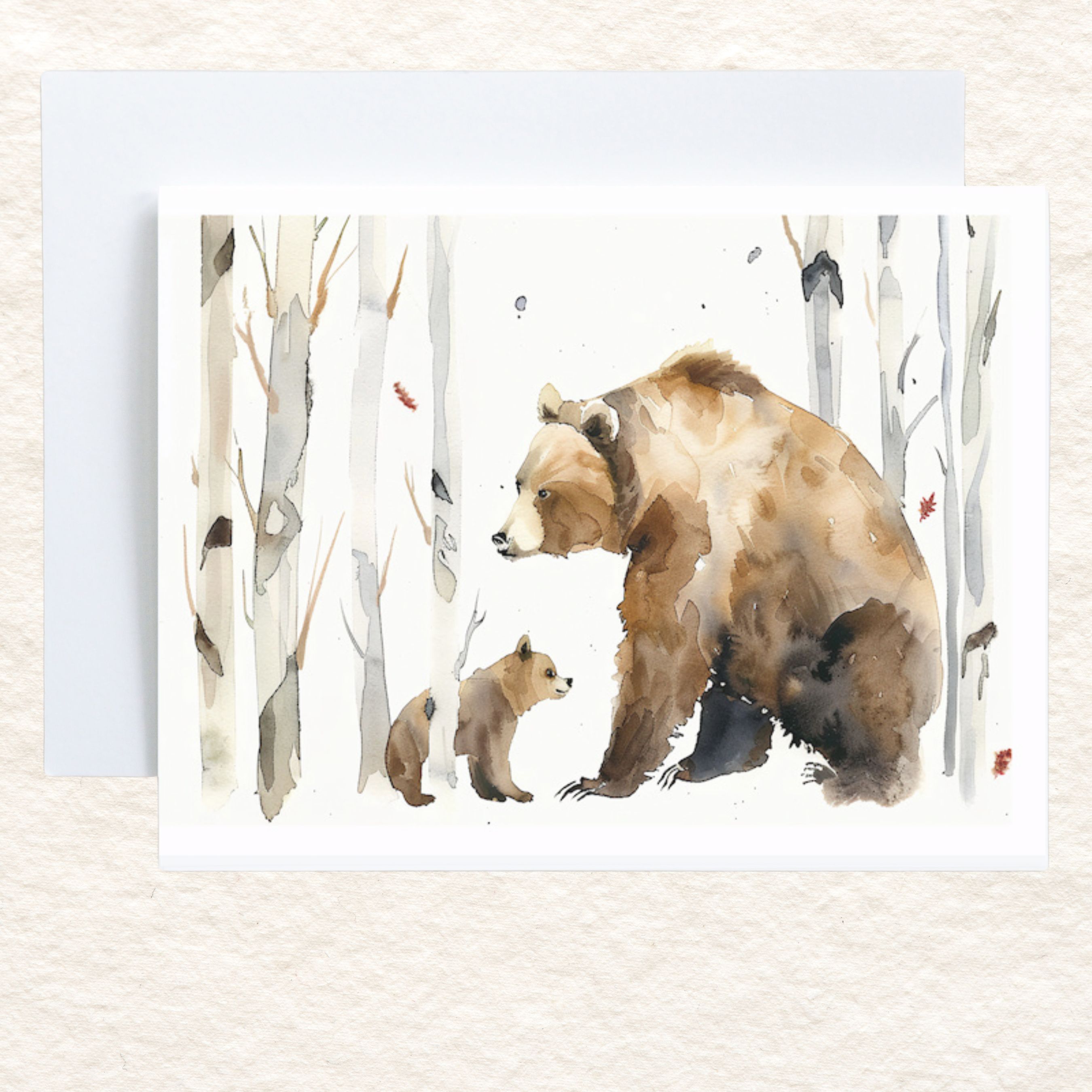 Momma Bear & Cub Birch Forest Greeting Card, Watercolor Note Cards, Invitations
