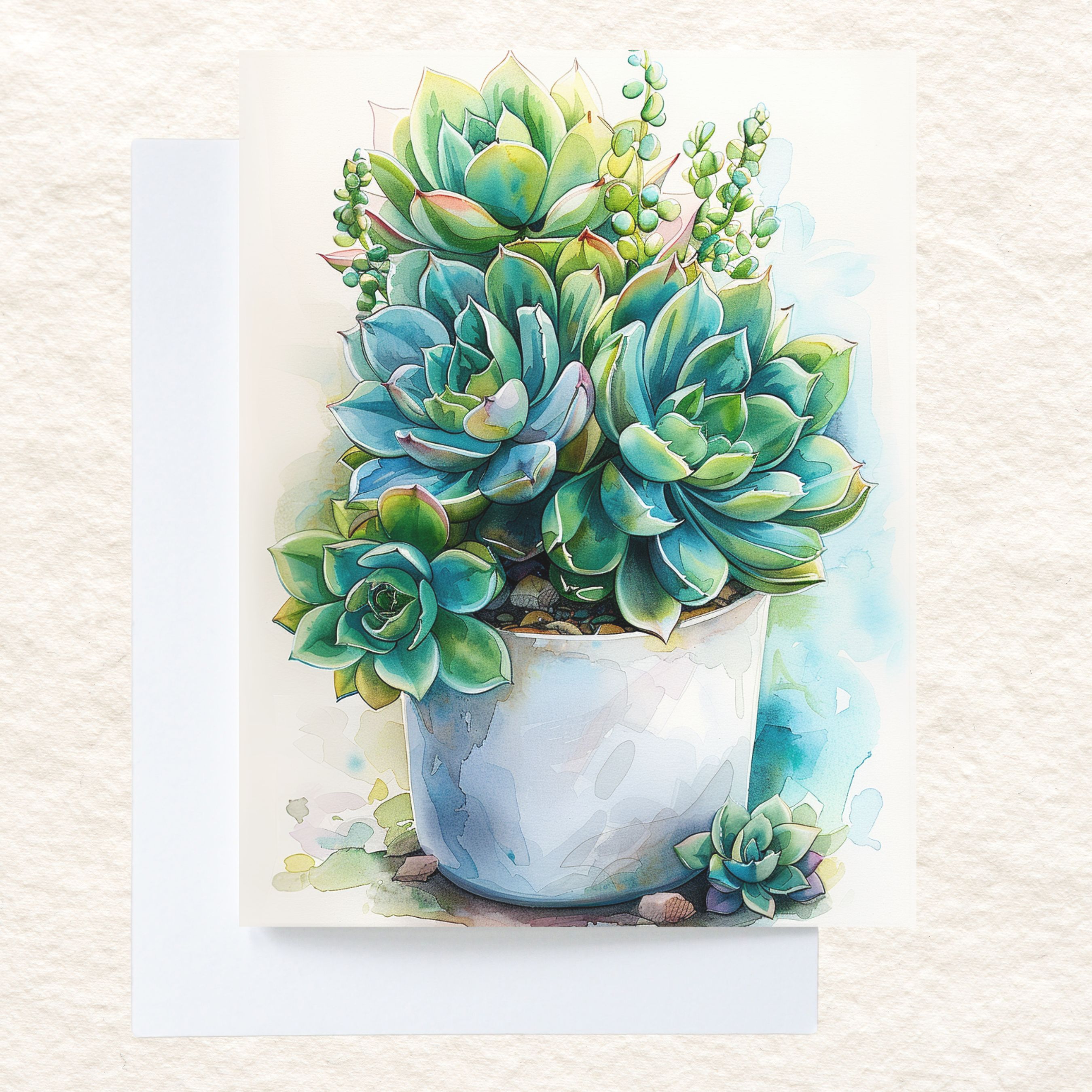 Watercolor of Cactus Hen & Chicks Succulent, Note Card Greeting, Thank You, All Occasion, Birthday Card, Invitations