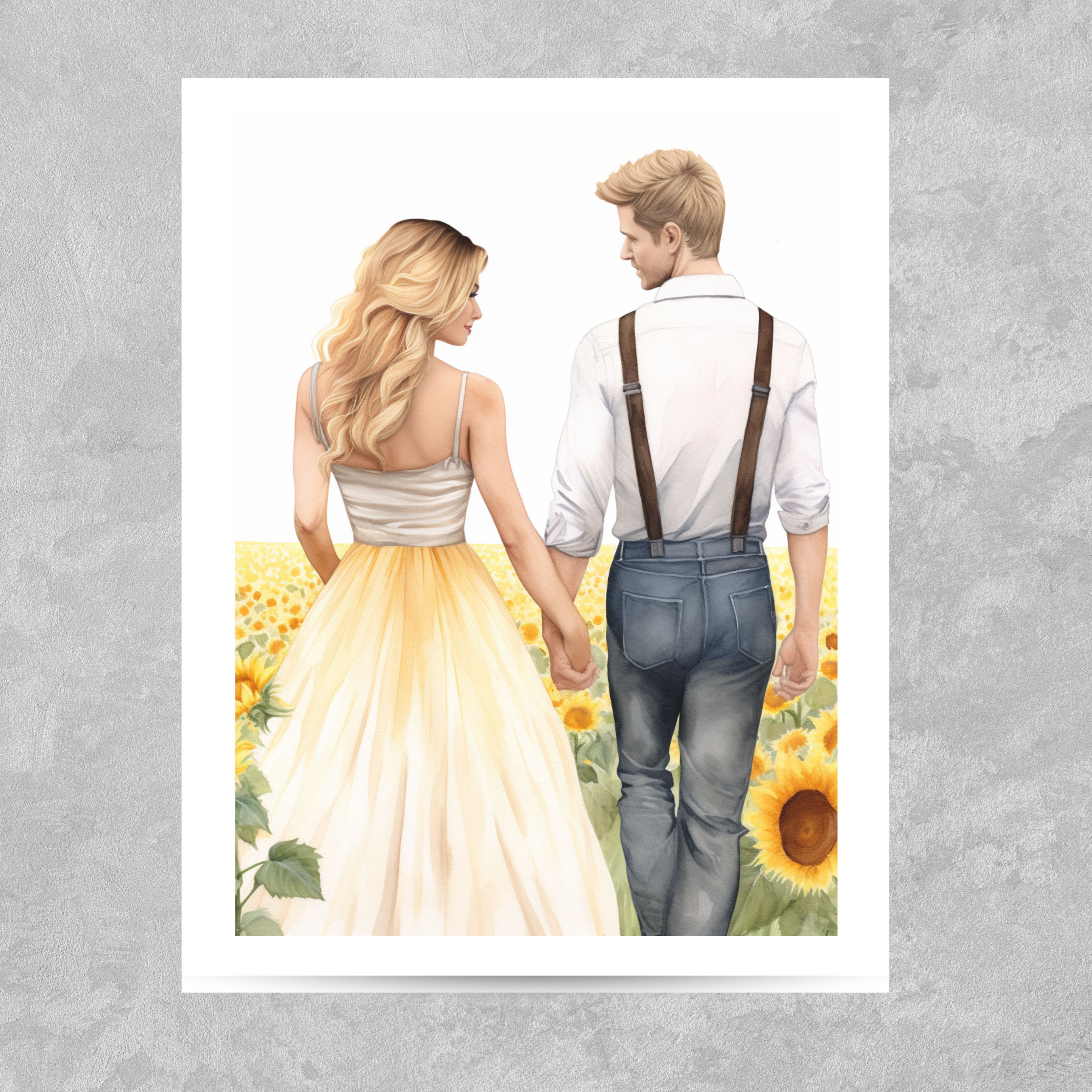 Watercolor Couple In A Field Of Sunflowers Card, Anniversary Card for 20th 30th 50th & More, Weddings, Invitations