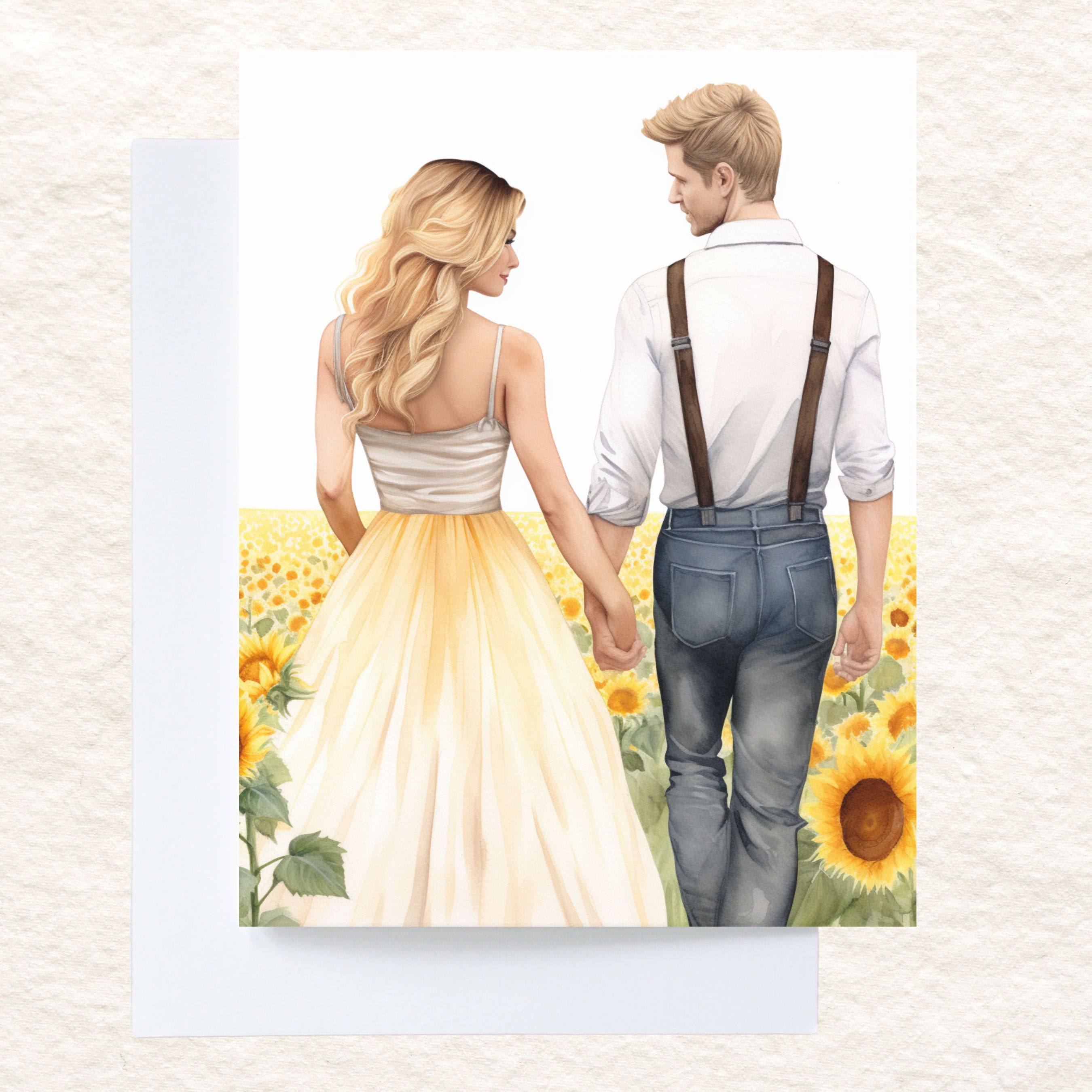 Watercolor Couple In A Field Of Sunflowers Card, Anniversary Card for 20th 30th 50th & More, Weddings, Invitations
