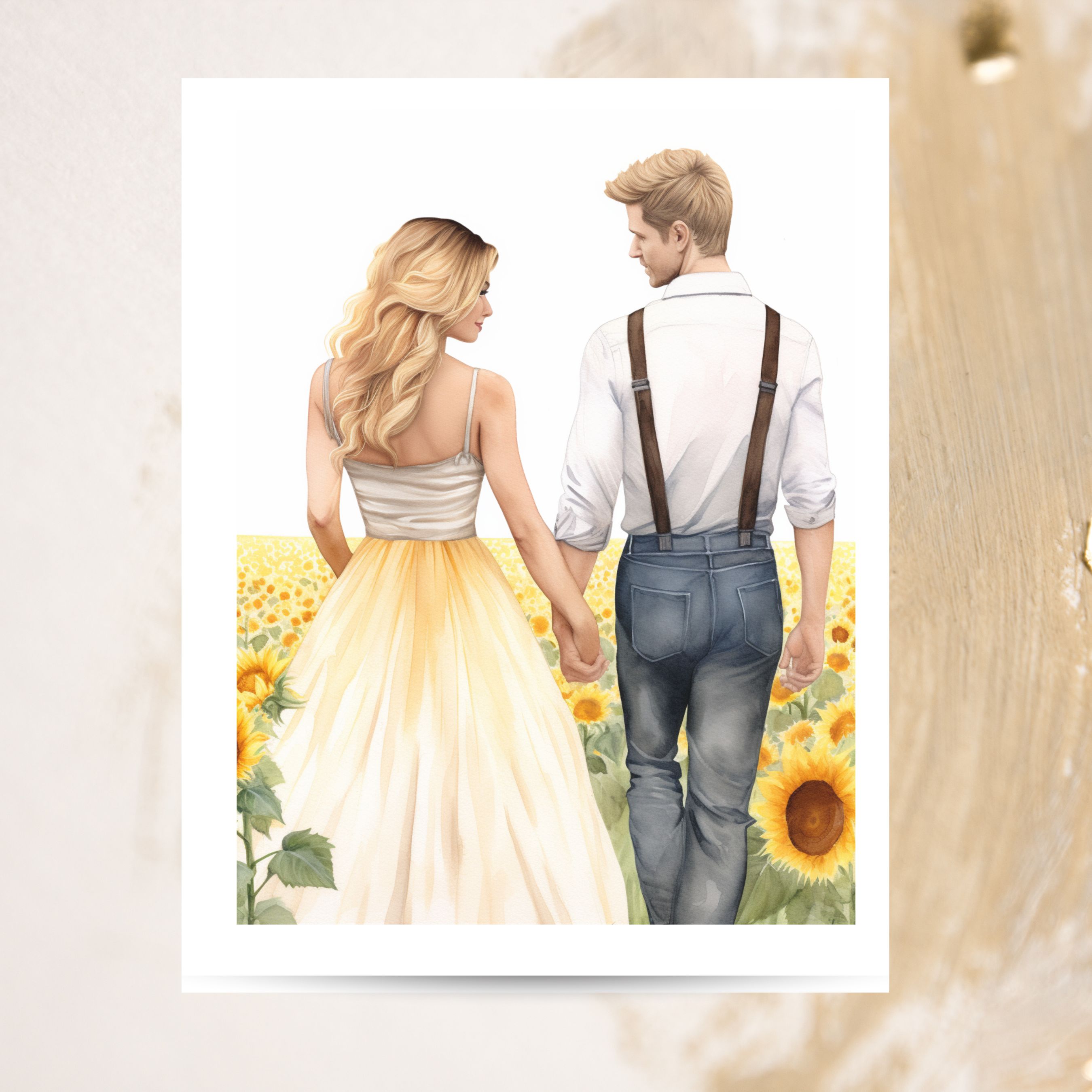 Watercolor Couple In A Field Of Sunflowers Card, Anniversary Card for 20th 30th 50th & More, Weddings, Invitations