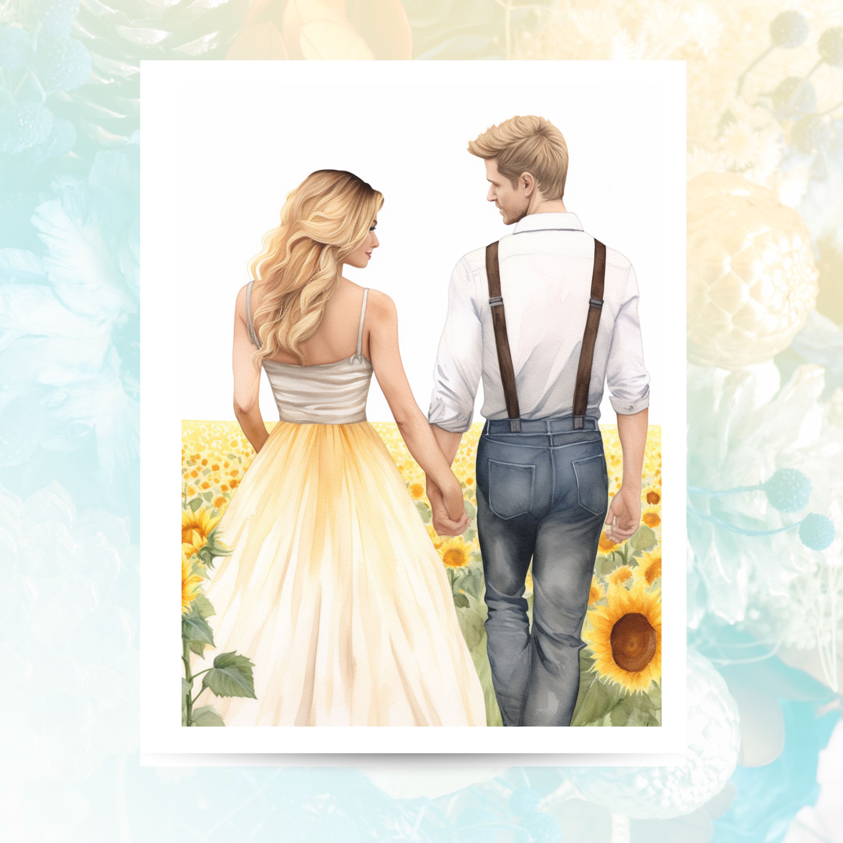 Watercolor Couple In A Field Of Sunflowers Card, Anniversary Card for 20th 30th 50th & More, Weddings, Invitations