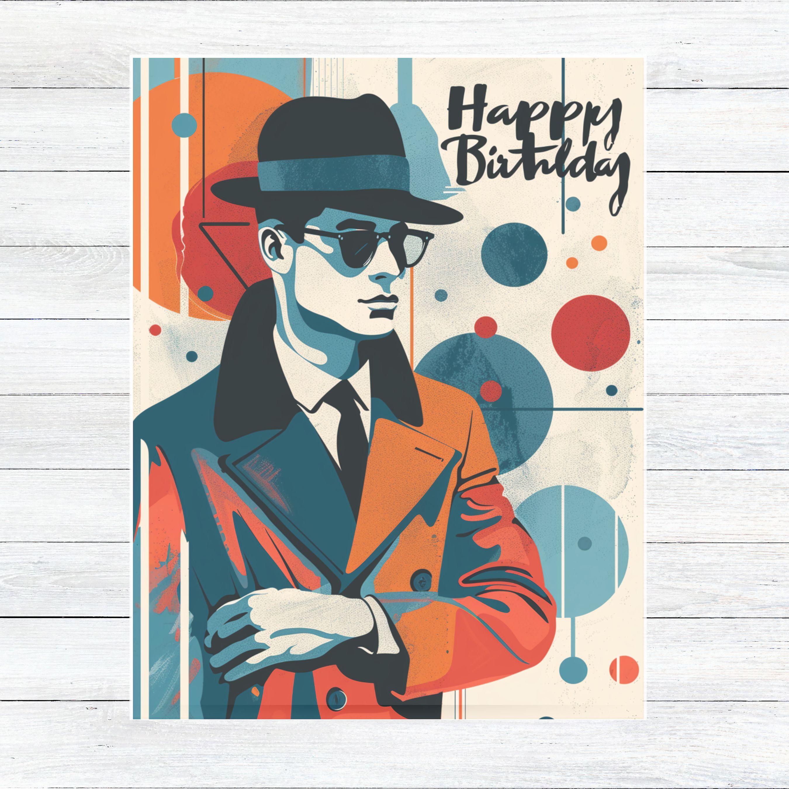 Mid-Century Modern Man, Happy Birthday Card, Watercolor Birthday Card, Bestie, Husband, Friend Birthday Greeting Card