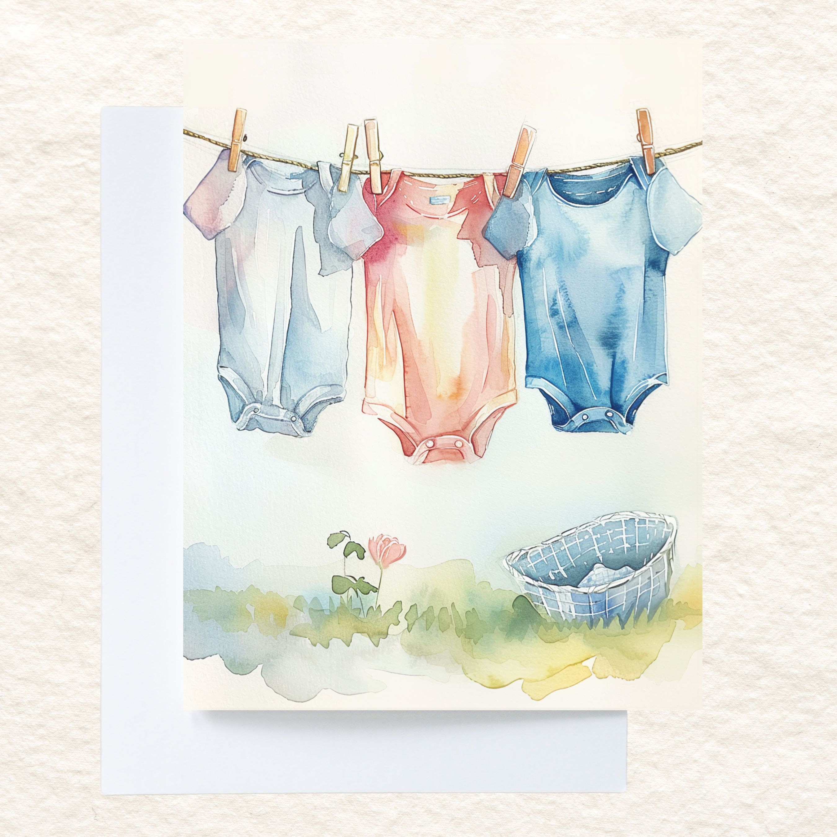 Baby Announcement, Cute Romper Watercolor Card, Pastel Clothesline, Newborn Welcome Greeting, Note Card, Invitation Greeting Card