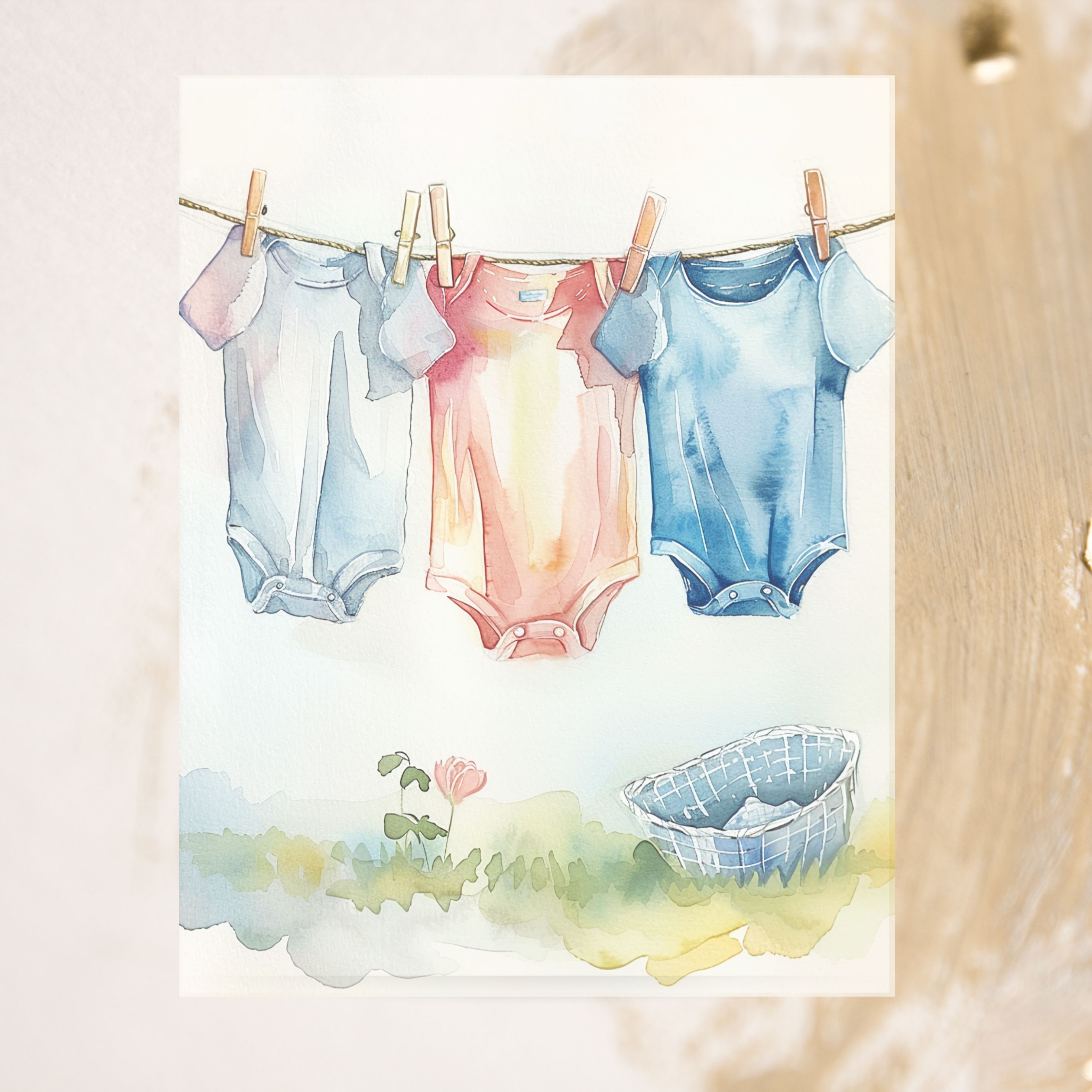 Baby Announcement, Cute Romper Watercolor Card, Pastel Clothesline, Newborn Welcome Greeting, Note Card, Invitation Greeting Card