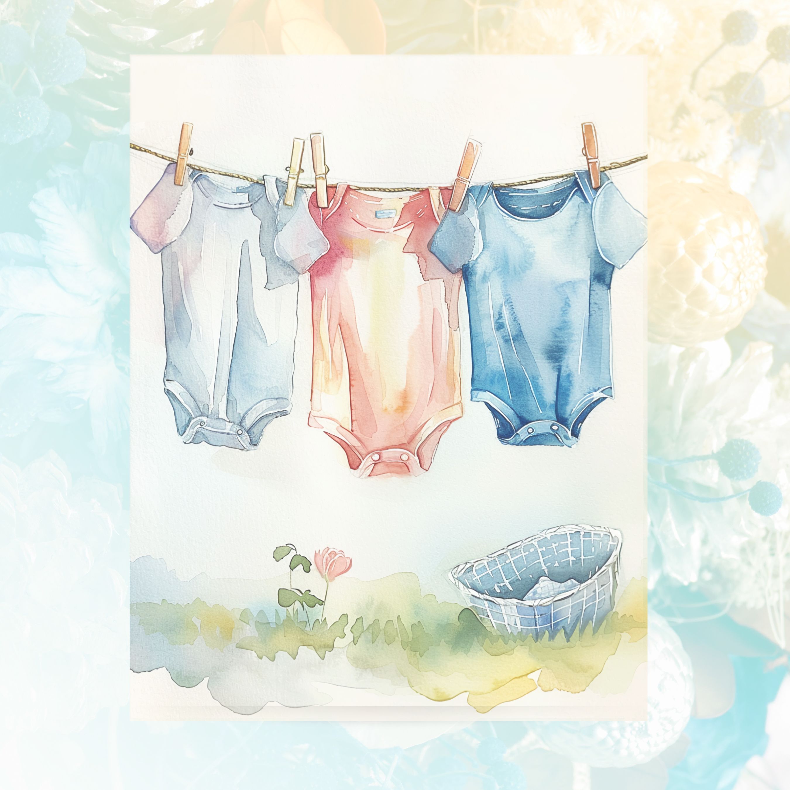 Baby Announcement, Cute Romper Watercolor Card, Pastel Clothesline, Newborn Welcome Greeting, Note Card, Invitation Greeting Card