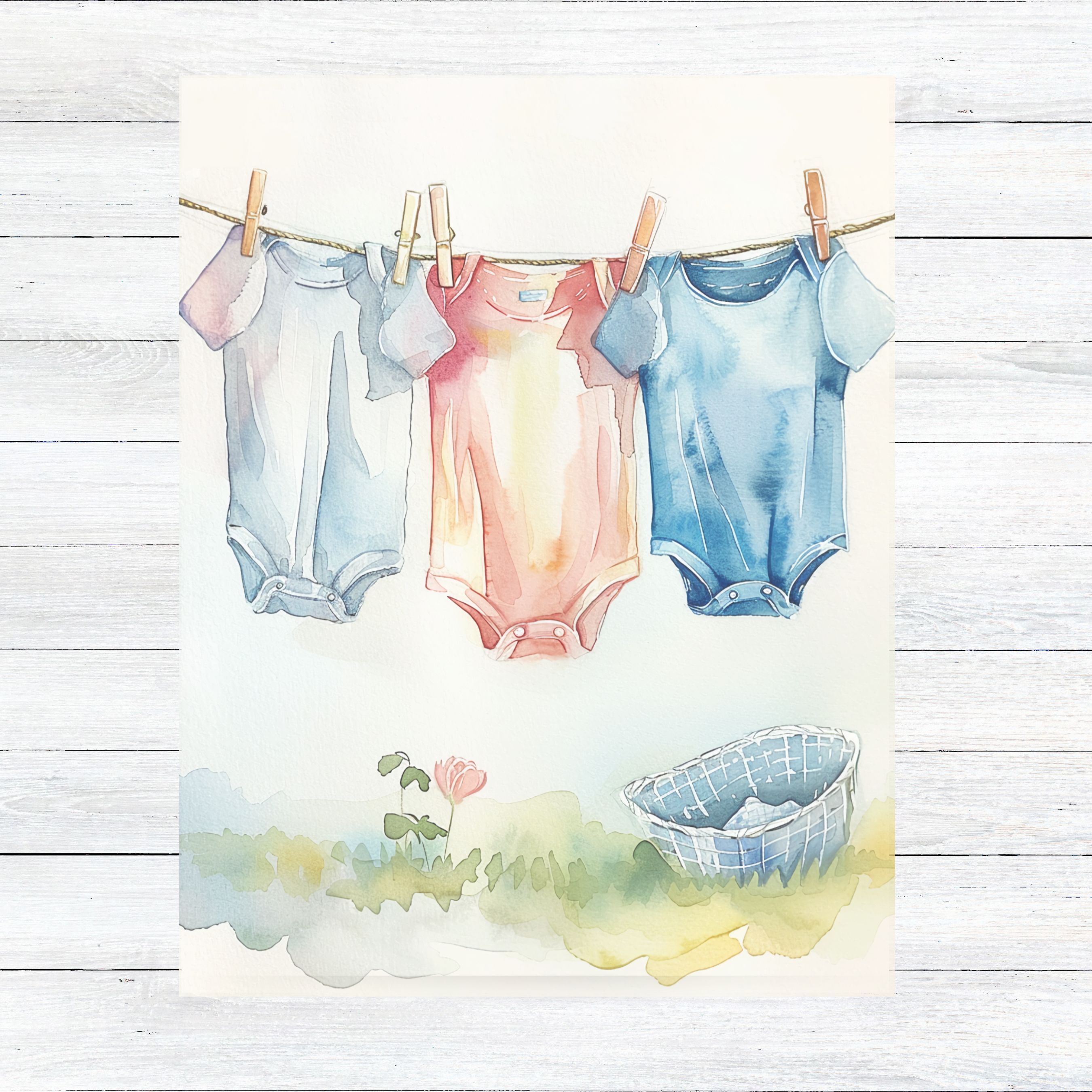 Baby Announcement, Cute Romper Watercolor Card, Pastel Clothesline, Newborn Welcome Greeting, Note Card, Invitation Greeting Card