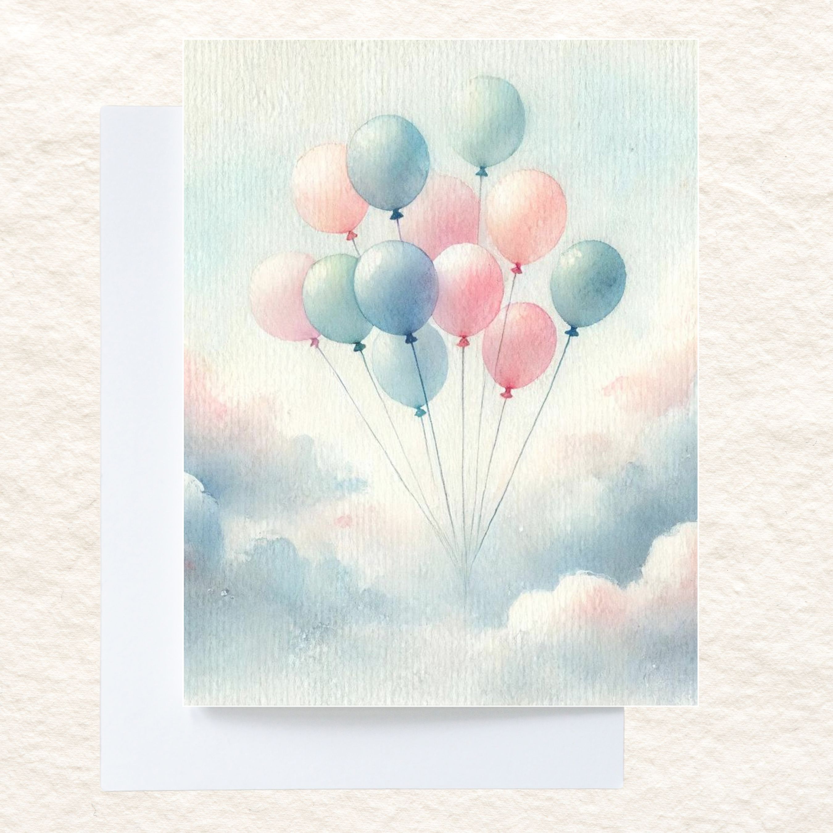 New Arrival Celebration Card, Pastel Balloons, Soft Watercolor Sky, Baby Announcement, Elegant Greeting, Birthday, Newborn Welcome Greeting, Note Card, Invitation Greeting Card