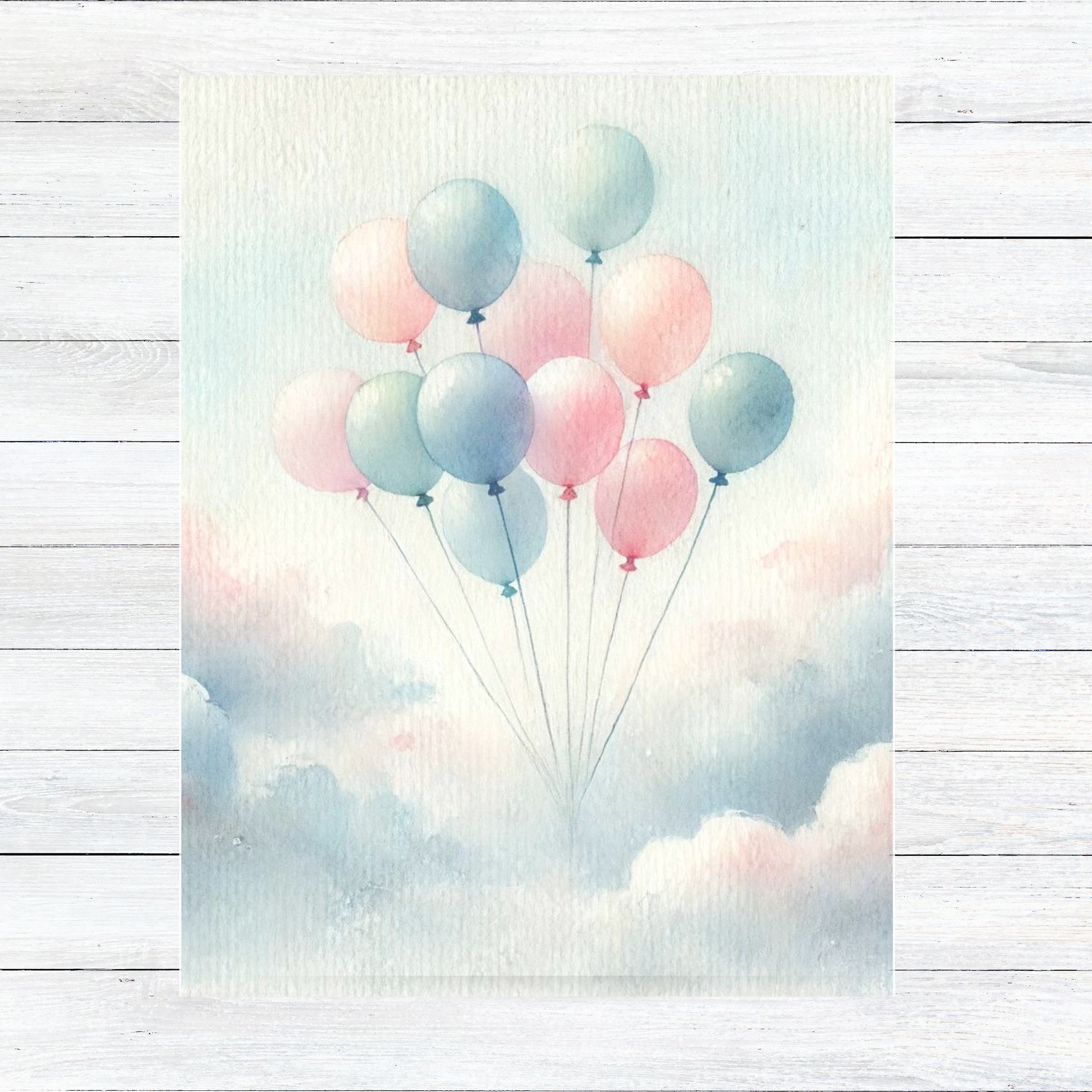 New Arrival Celebration Card, Pastel Balloons, Soft Watercolor Sky, Baby Announcement, Elegant Greeting, Birthday, Newborn Welcome Greeting, Note Card, Invitation Greeting Card