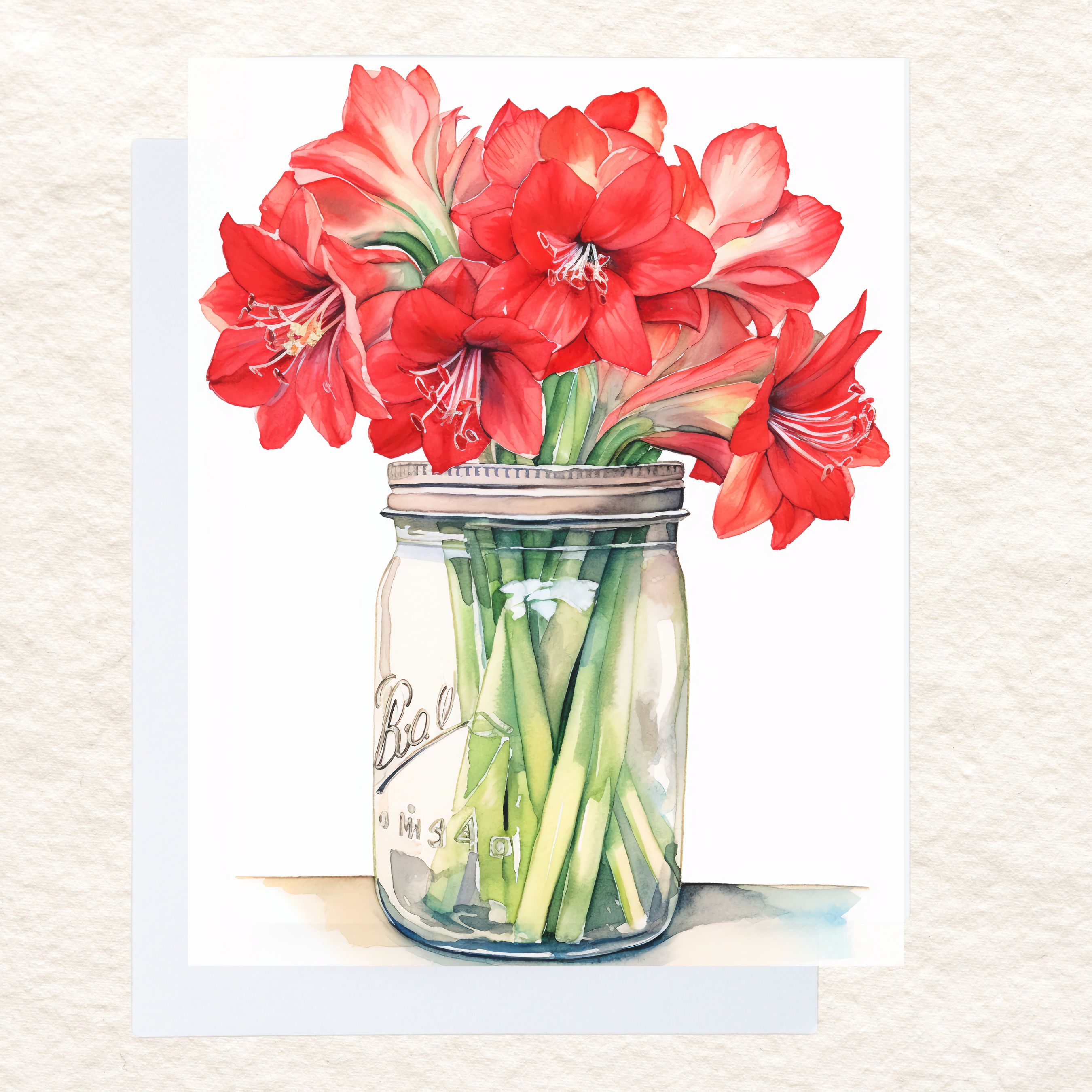 Radiant Red Amaryllis Watercolor Card, Fresh Flower Mason Jar Design, Vibrant Floral Collection, Note Card Flower Stationery, Note Card Greeting, Thank You, All Occasion, Birthday Card, Invitations