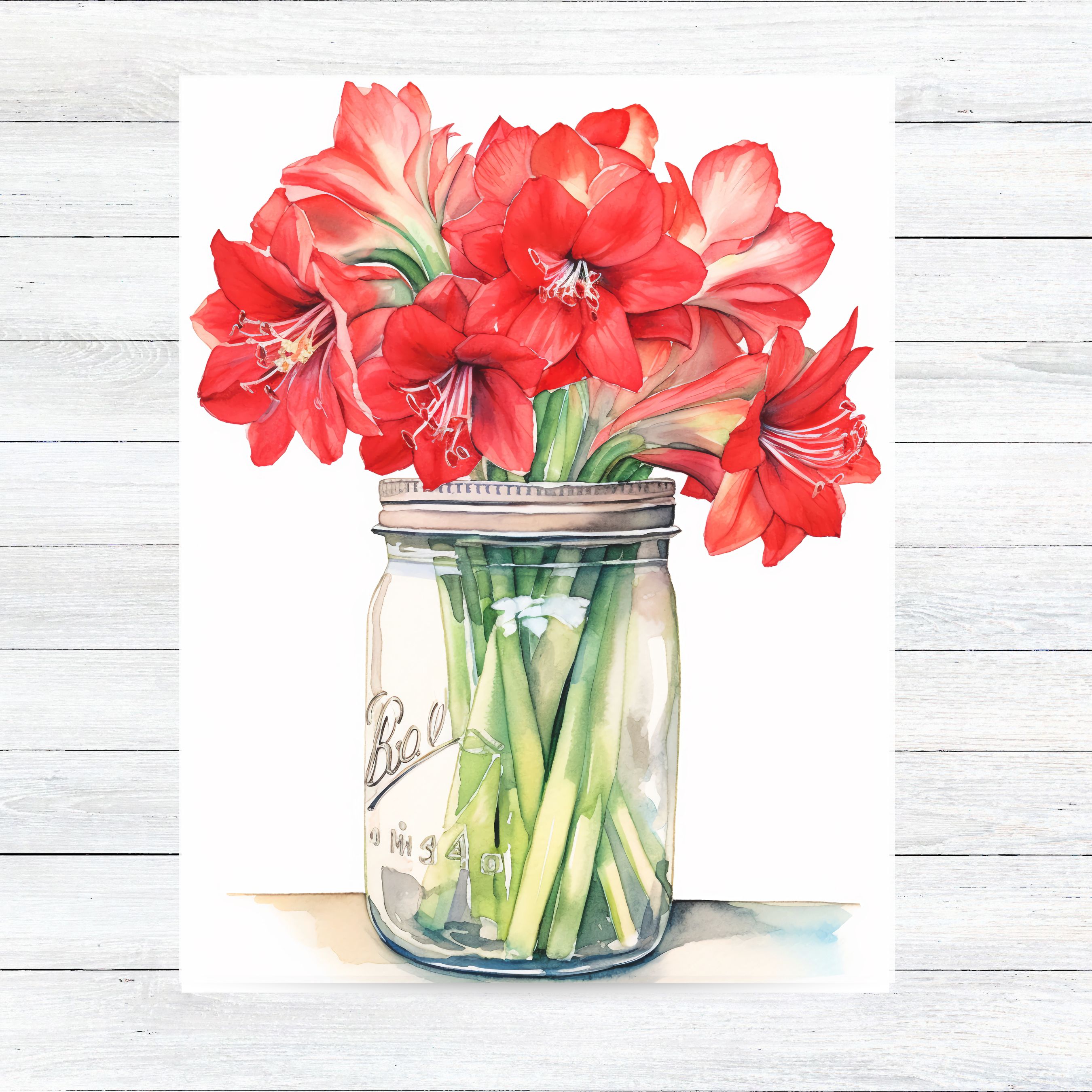 Radiant Red Amaryllis Watercolor Card, Fresh Flower Mason Jar Design, Vibrant Floral Collection, Note Card Flower Stationery, Note Card Greeting, Thank You, All Occasion, Birthday Card, Invitations