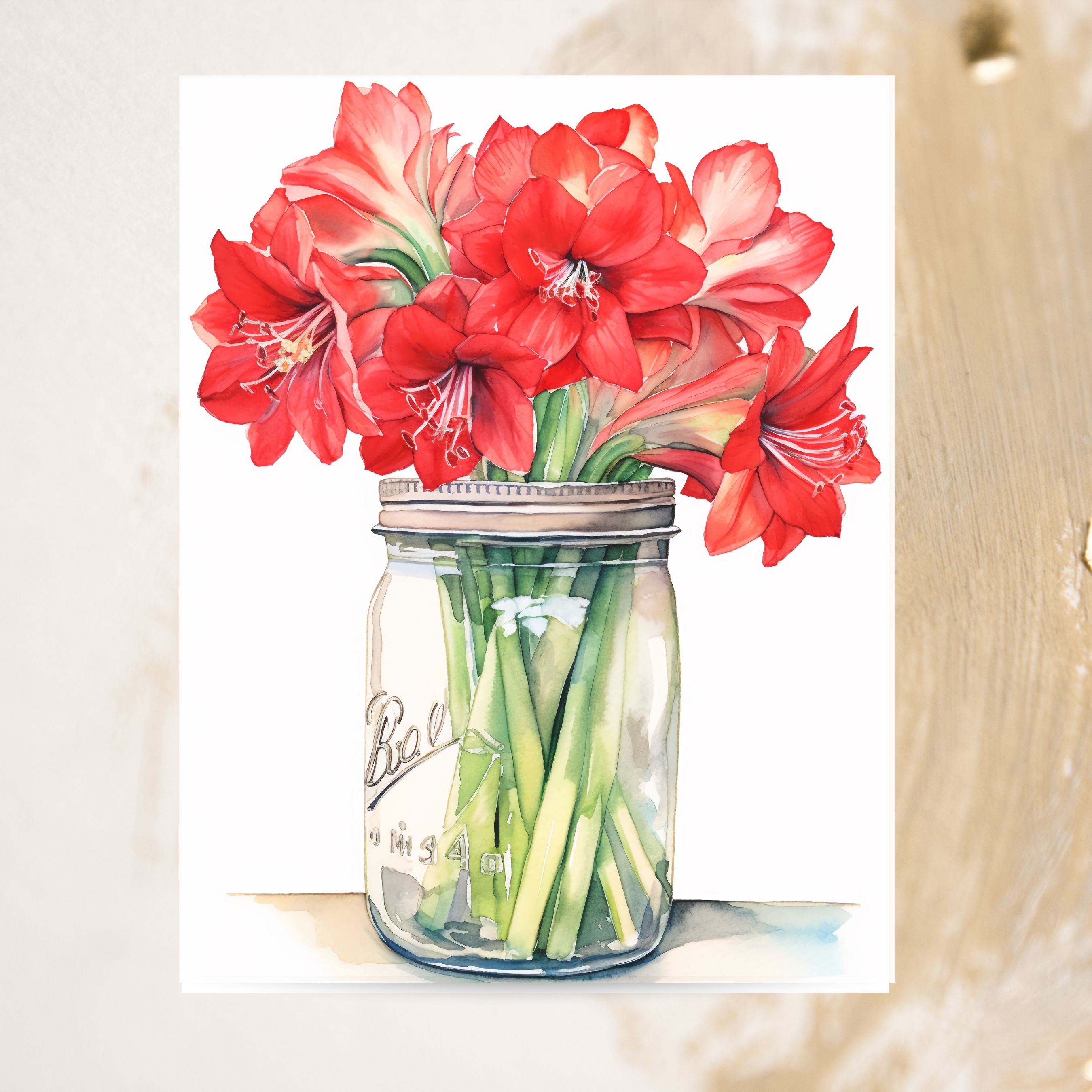 Radiant Red Amaryllis Watercolor Card, Fresh Flower Mason Jar Design, Vibrant Floral Collection, Note Card Flower Stationery, Note Card Greeting, Thank You, All Occasion, Birthday Card, Invitations