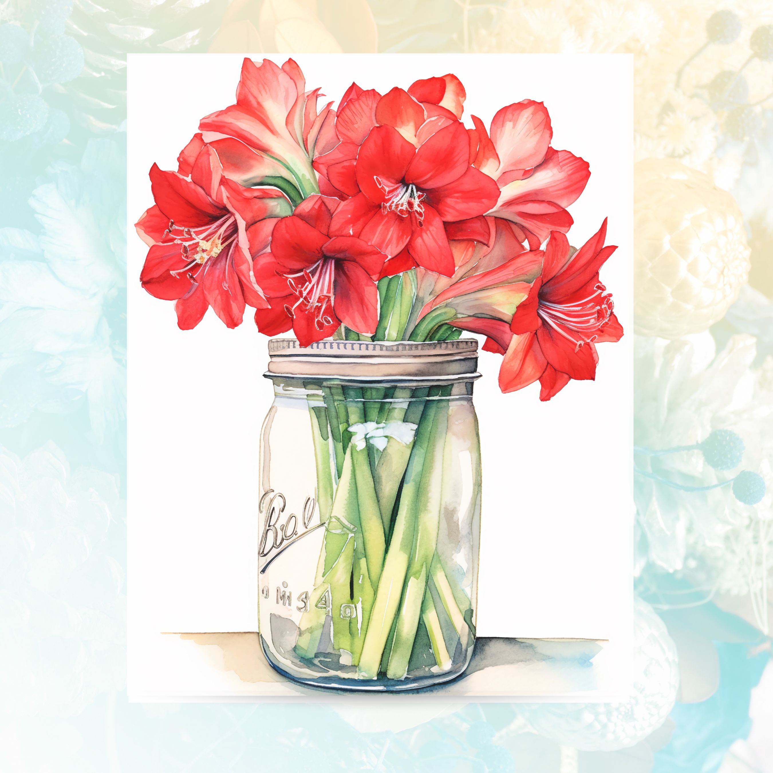 Radiant Red Amaryllis Watercolor Card, Fresh Flower Mason Jar Design, Vibrant Floral Collection, Note Card Flower Stationery, Note Card Greeting, Thank You, All Occasion, Birthday Card, Invitations